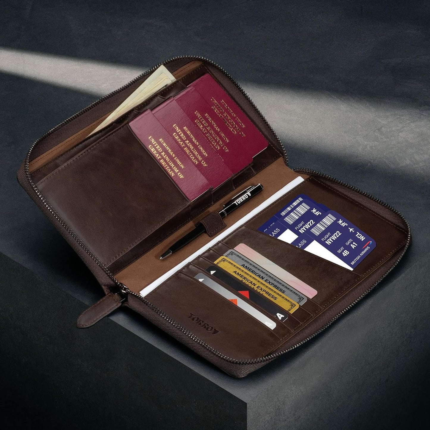 TORRO Premium Leather Family Travel Wallet, RFID Blocking Travel Organizer, Family Passport Holder for 4 Passports, Travel Documents and Cards (Dark Brown)