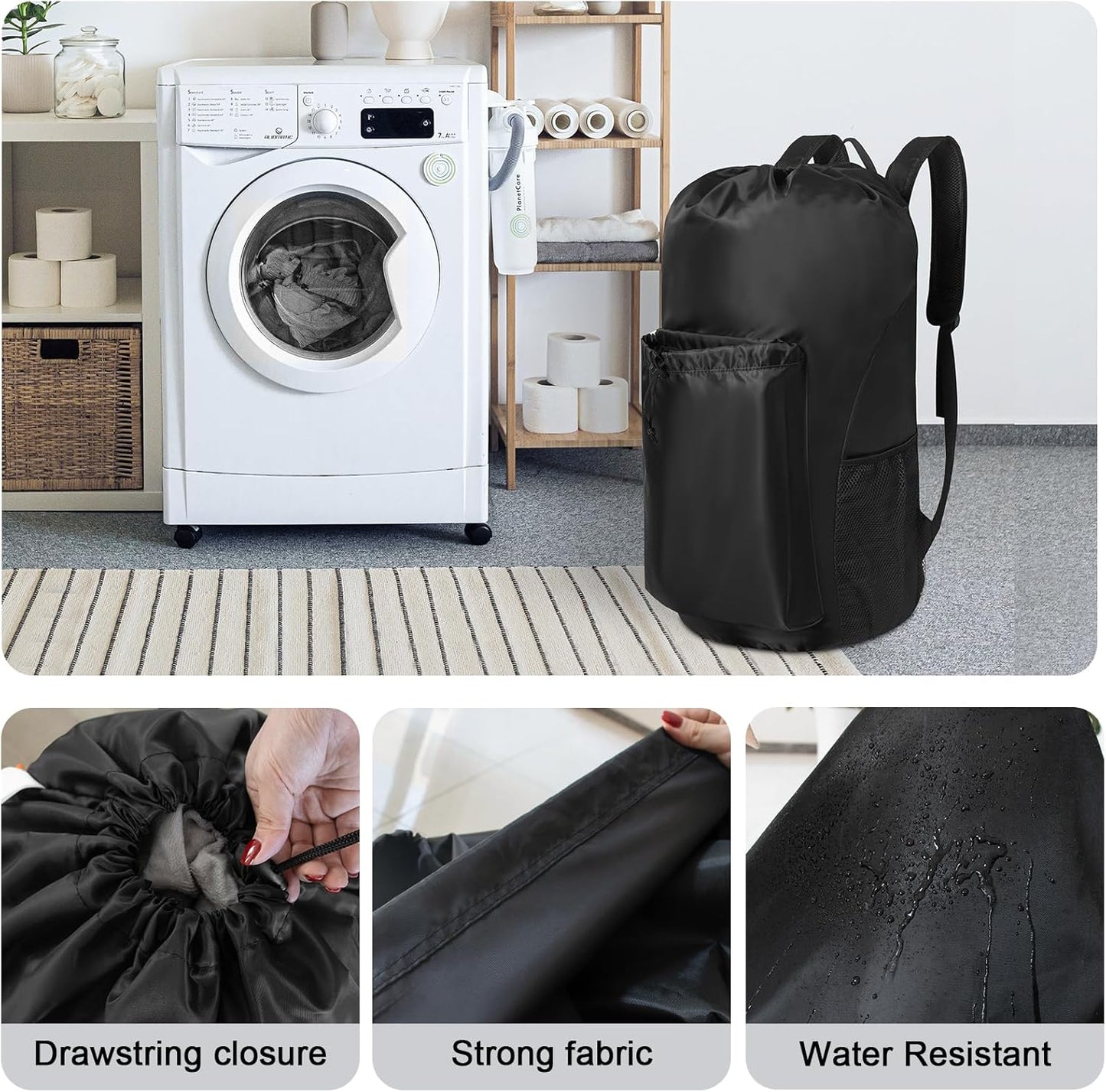 Polecasa Heavy Duty Backpack Laundry Bag, 29 x 13.5 Inches Hamper bag with Padded Shoulder Straps,130gsm Durable Fabric and 4 Pockets, Large Drawstring Bag for Dorm, College, Travel, Black