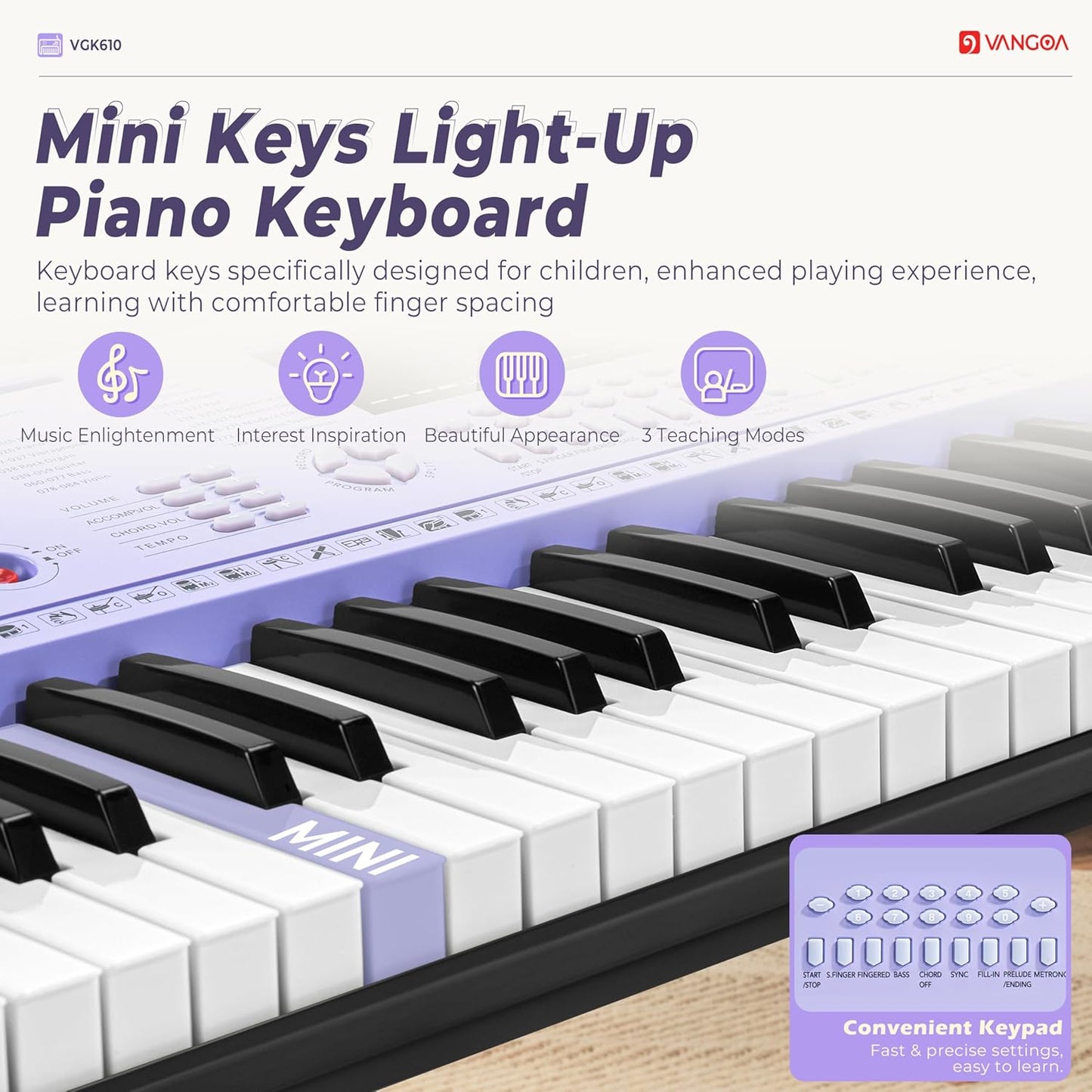 Vangoa VGK611 Piano Keyboard for Beginner, 61 Keys Electric Keyboard Piano Portable Music Keyboard with Mini Lighted Keys, Electronic Piano for Kids Boy Girl, Purple