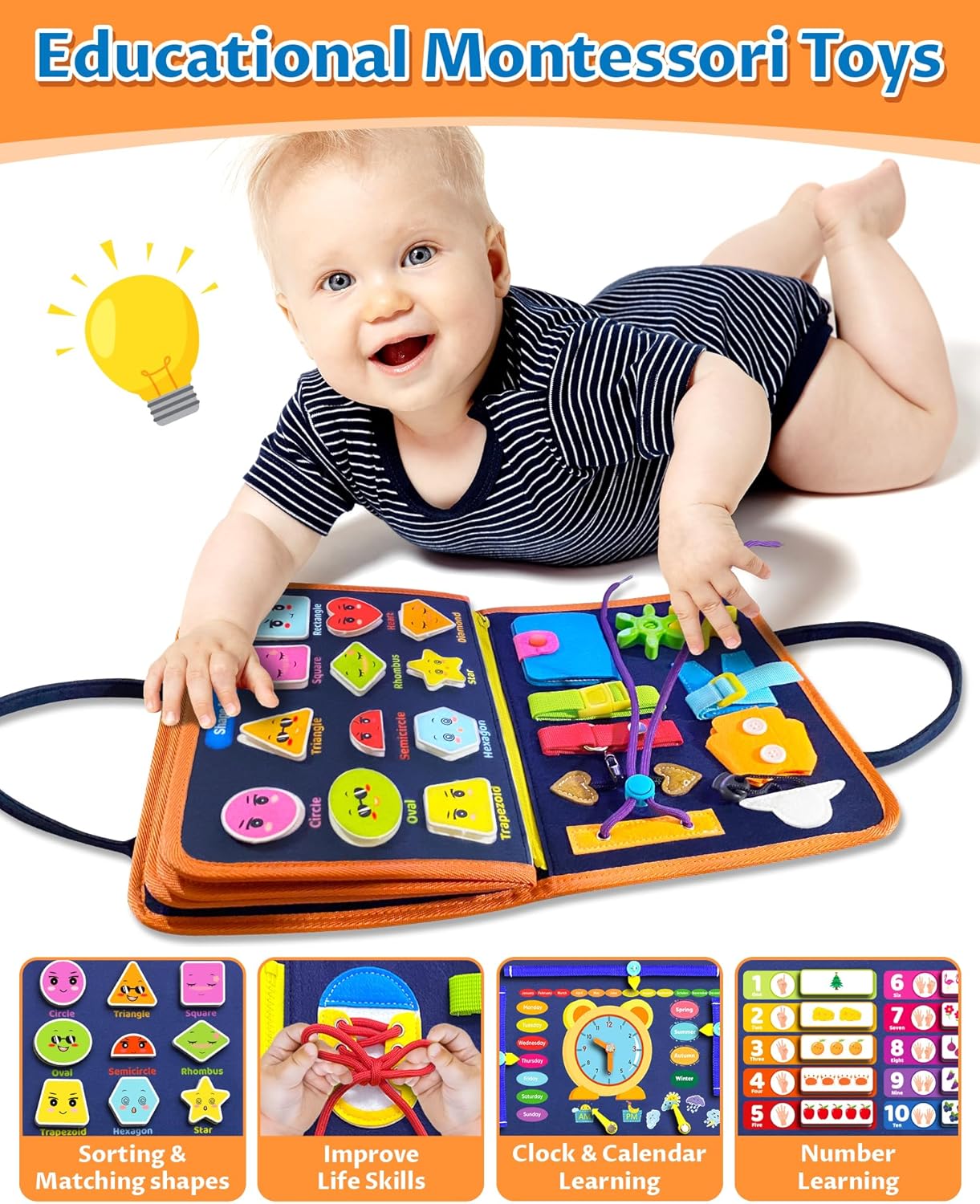 Exorany Busy Board Montessori Toys for Toddler Boy & Girl Birthday Gifts, Busy Book Learning Sensory Toys for Toddlers, Toddler Travel Toy Educational Activities Learn Fine Motor Skills