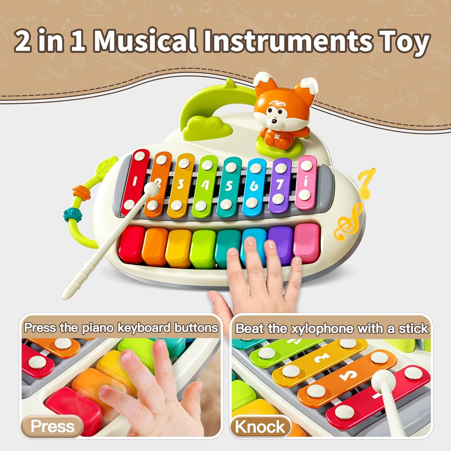 2 in 1 Baby Piano Xylophone for Toddlers， 8 Multicolored Key Keyboard Piano, Musical Table Percussion Sensory Toys ，Educational Musical Learning Instruments Toy for Kids Girls Boys