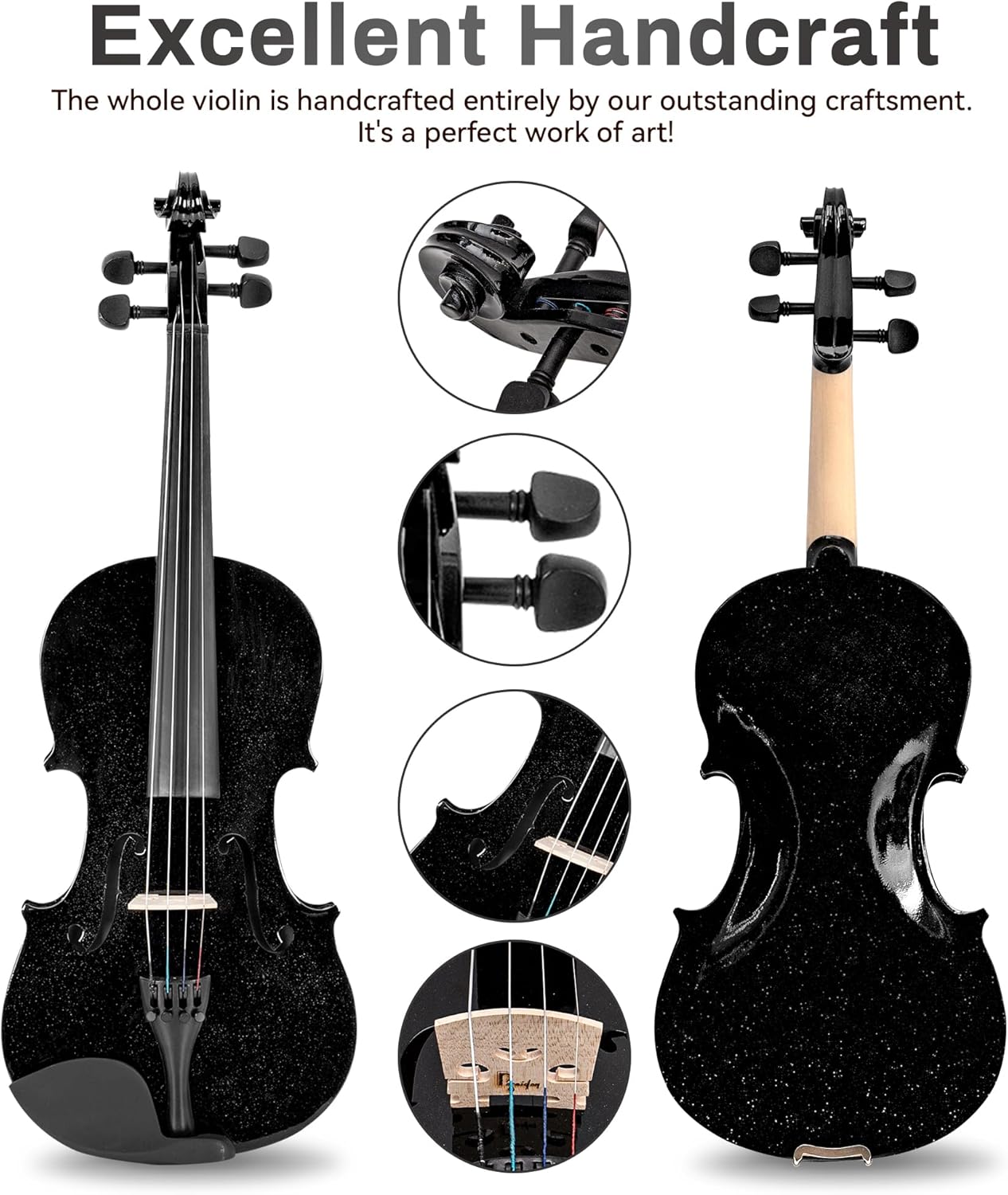 3/4 Acoustic Violin Fiddle, Black Violin for Beginners for Beginners Violin Starter Kit w/Case, Two Bows, Two Bridges, Two Rosins, Two 3/4 Strings Full Size Set, Shoulder Rest, Clip-on Tuner, Manual