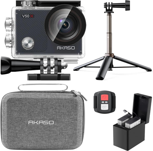 AKASO V50X Native 4K30fps WiFi Action Camera with EIS Touch Screen 4X Zoom 131 feet Waterproof Camera Support External Mic Remote Control (with Selfie Stick Tripod and Carry Bag)