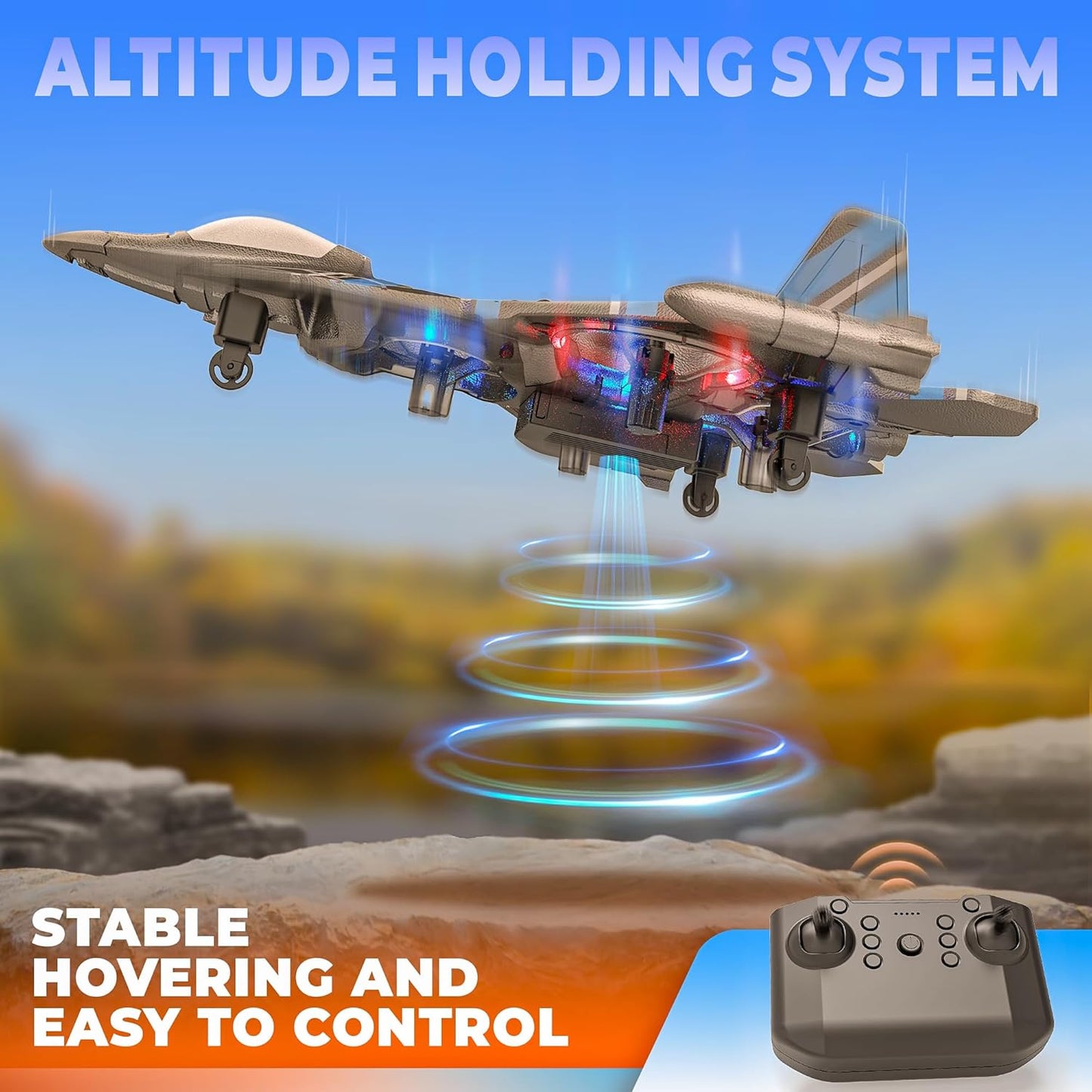 BEZGAR Drones for Kids | 2.4GHZ RC Plane, Remote Control Airplane, RC Helicopter, 360° Flip Fighter Jet Toy, Toys for ages 8-13 with Colorful LED Navigation Lights Blue