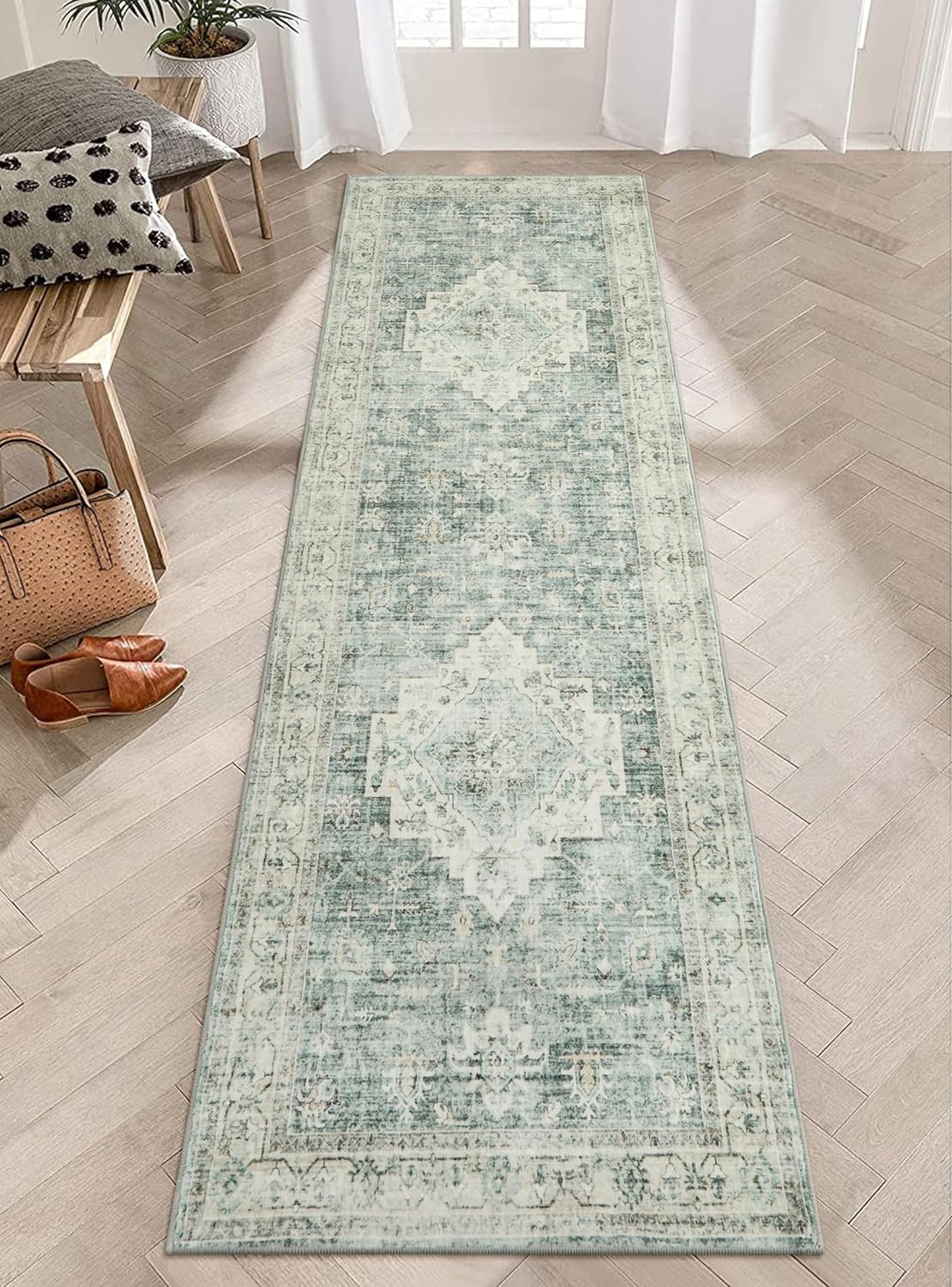 LIVEBOX Washable 2.5x8 Runner Rugs for Entryway Bathroom, Boho Kitchen Floor Mats Long Rug Runners for Hallways Non Slip, Farmhouse Low-Pile Carpet Runners for Laundry Room, Sage Green