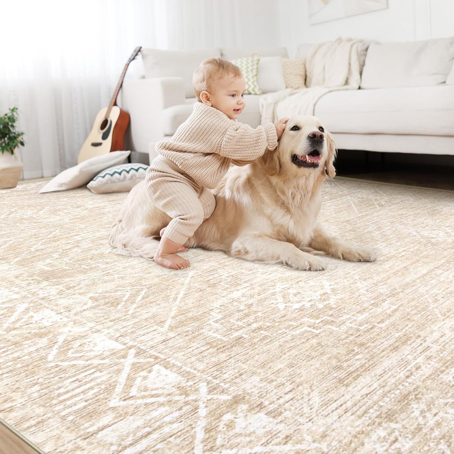Large Living Room Area Rug 8x10 - Machine Washable Vintage Boho Moroccan Rugs Geometric Neutral Rug Non-Shedding Low Pile Distressed Farmhouse Carpet for Bedroom Nursery Classroom Dorm (8 x 10, Beige)