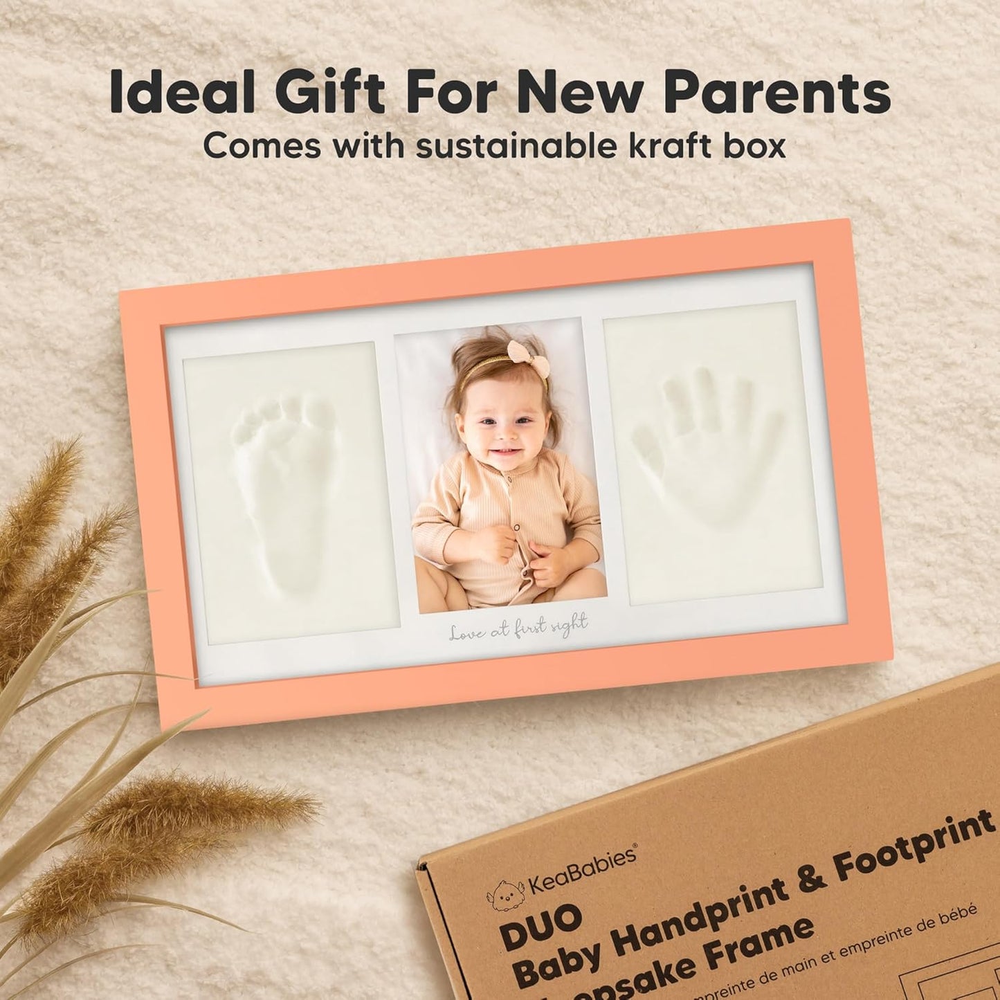 Baby Hand and Footprint Kit - Clay Handprint Keepsake Frame, Newborn Nursery Picture Frame, Personalized New Mom Gifts for Baby Shower & Registry (Salmon)