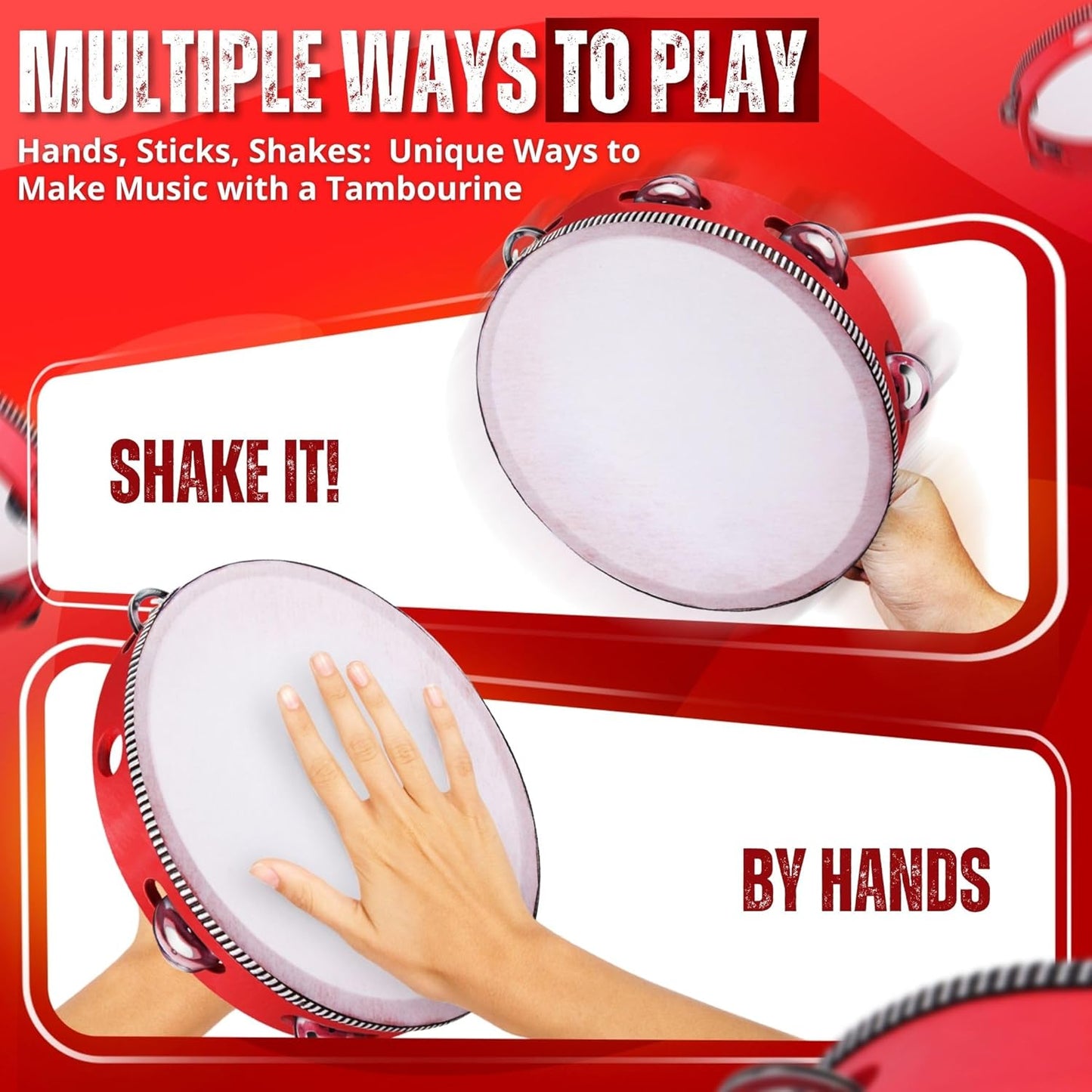 Flexzion Wooden Round Tambourine for Kids and Adults 10" Inch Single Row 8 Pair Jingles, Red Handheld Percussion Instrument for Beginner and Professional Tambourine Player