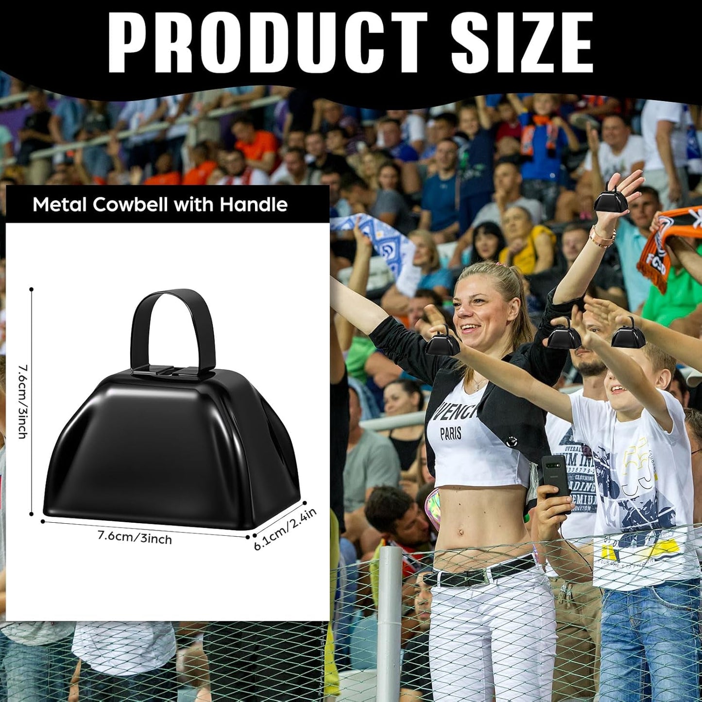 6 Pcs 3 Inch Metal Cowbells Noise Maker Hand Percussion Cow Bells with Handles for Sporting Events Cheering Noisemakers Weddings Team Spirit Sports Party Favors (Black)