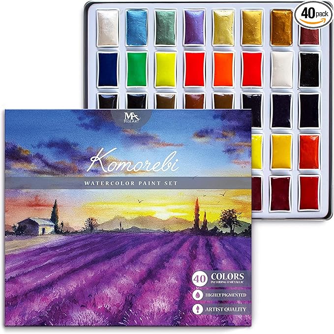 Mozart Premium Japanese Watercolor Paint Set - 40 Rich Colors with Metallic, Neon Pans - Artist-Quality Set for Adults, Kids & Students - Water Color - Metallic Watercolor Paints