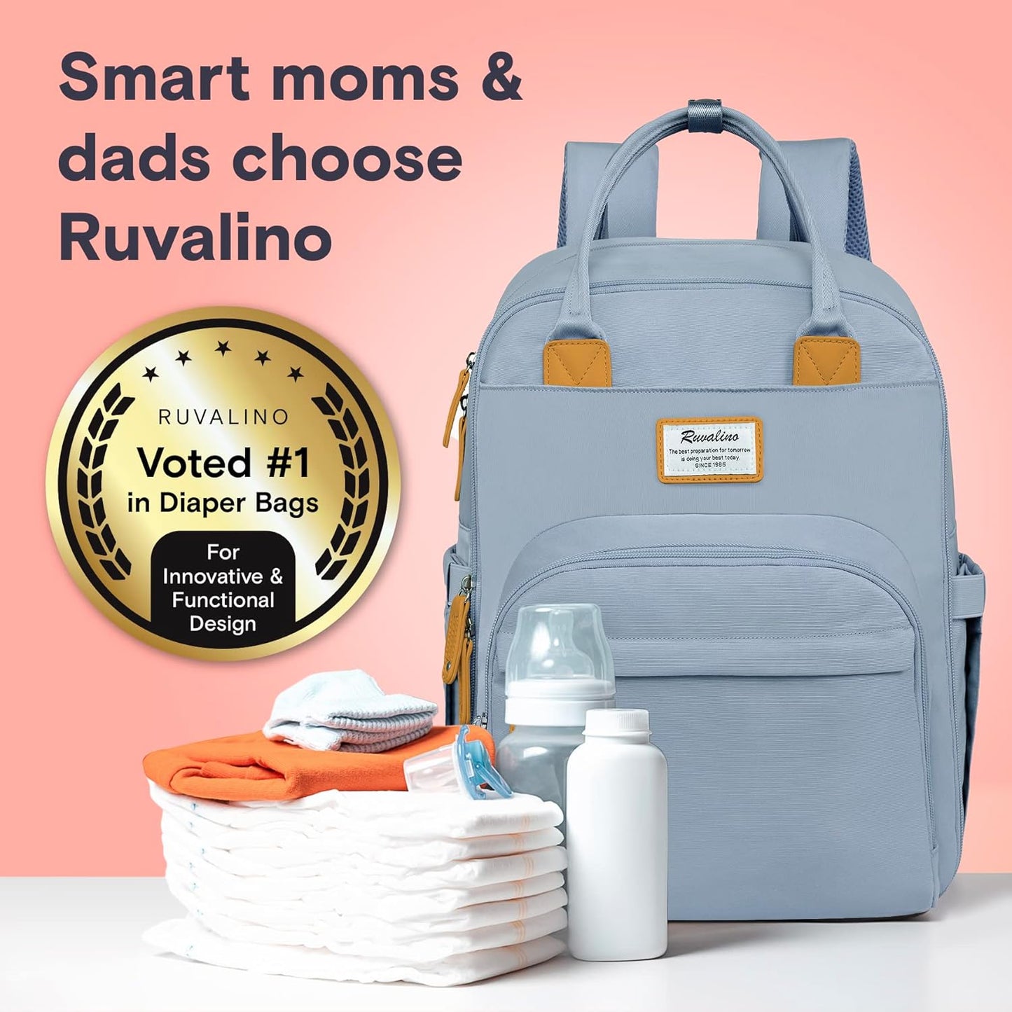 RUVALINO Diaper Bag Backpack-Multifunction Baby Travel Bag with Changing pad, Insulated Bottle Holders & Pacifier Case, Large Capacity, Waterproof, Sky Blue