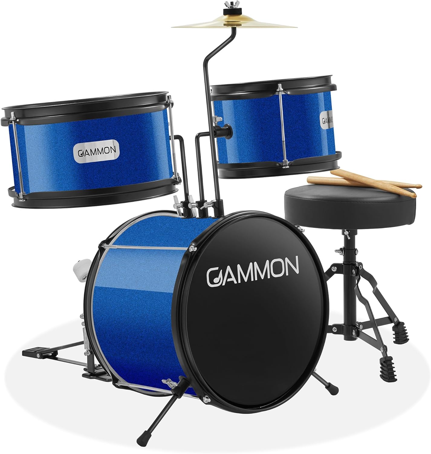 Gammon 3-Piece Junior Drum Set with Throne - Blue, Complete Beginner Kit with Bass Drum, Toms, Cymbal, Pedal, and Drumsticks