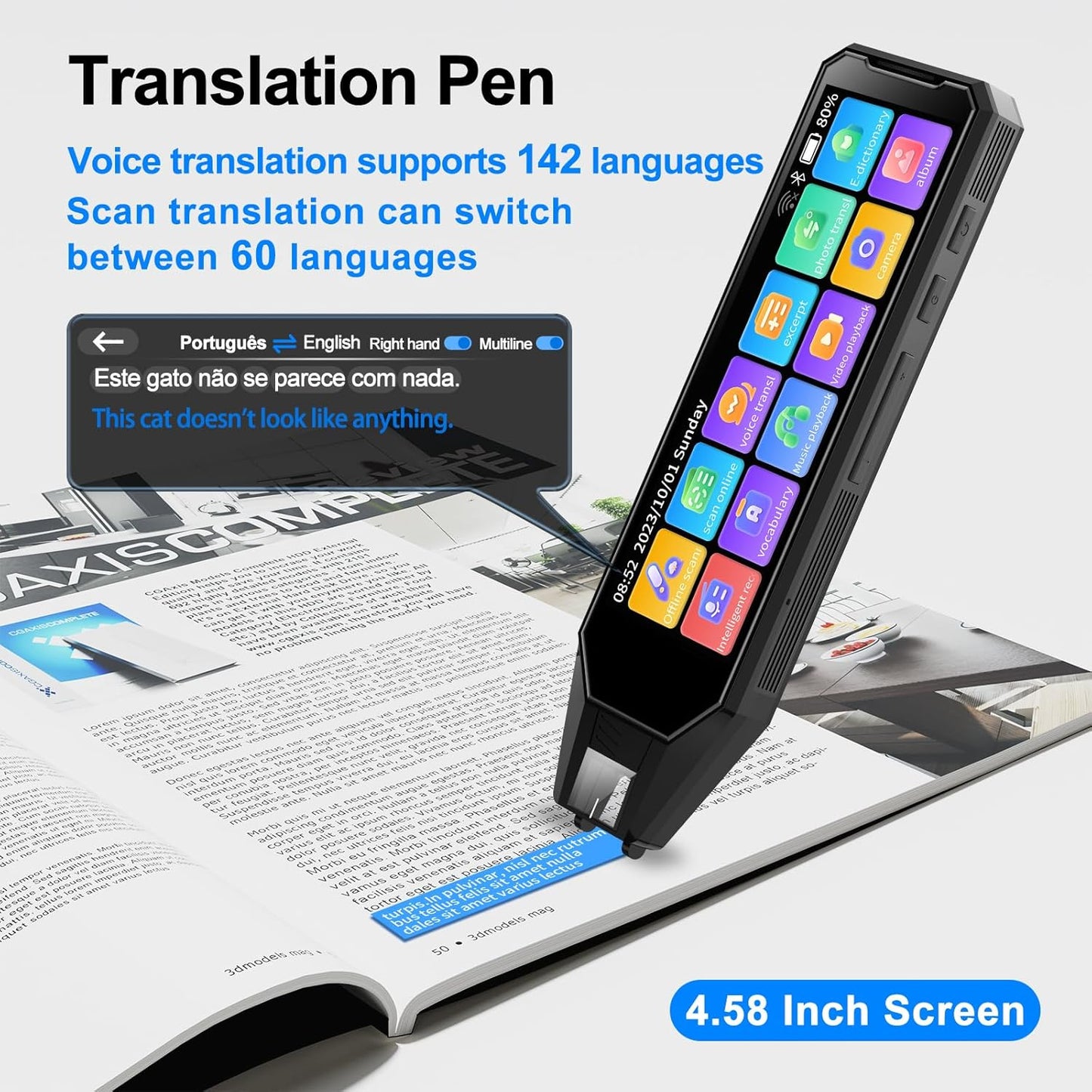 Reading Language Translation Pen Translator Scanner,142-Languges Real time Two-Way Traductor Device, 4.58 Inches Screen, HD Sound, Long Battery Life, for Students Adults (Black)