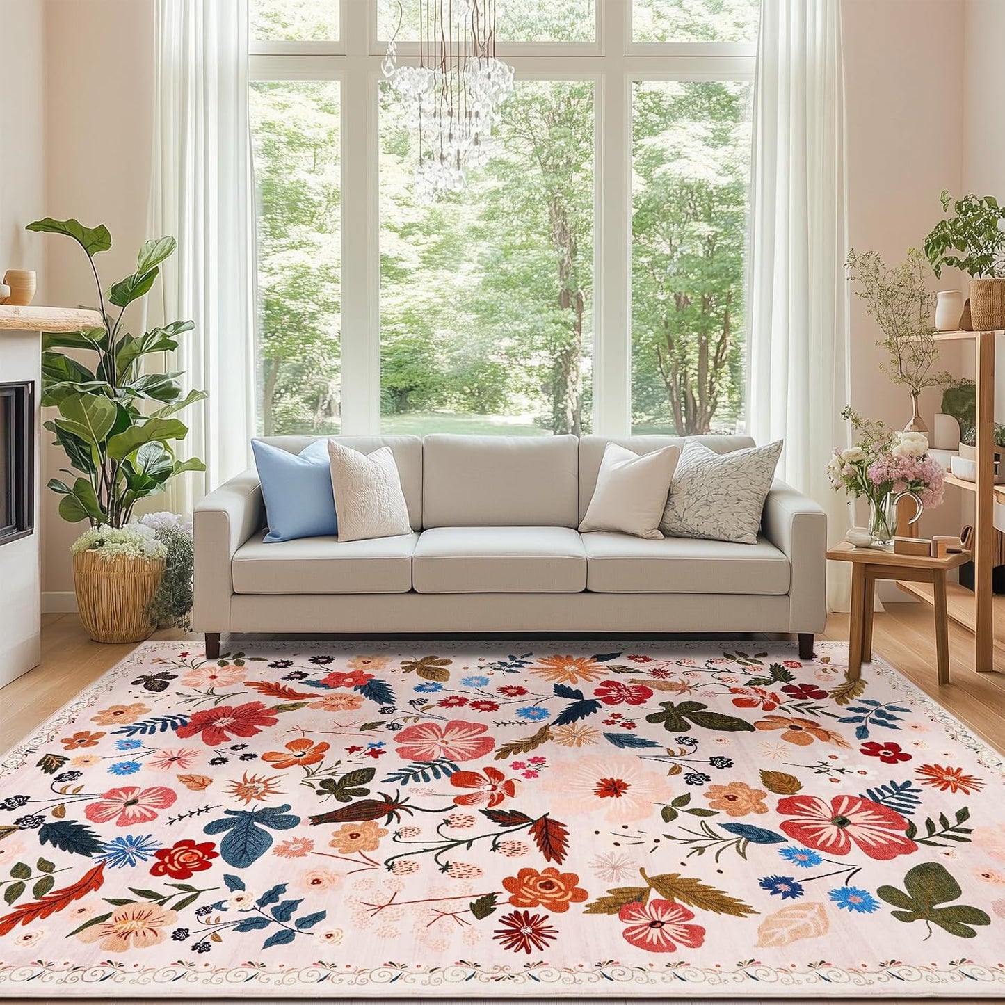 Living Room 6x9 Area Rugs Machine Washable Ultra-Thin Soft Non Slip Carpet Rug Vintage Boho Flower Stain Resistant Large Rug for Bedroom Dining Room Indoor Nursery Guest Room Home Decor,Beige