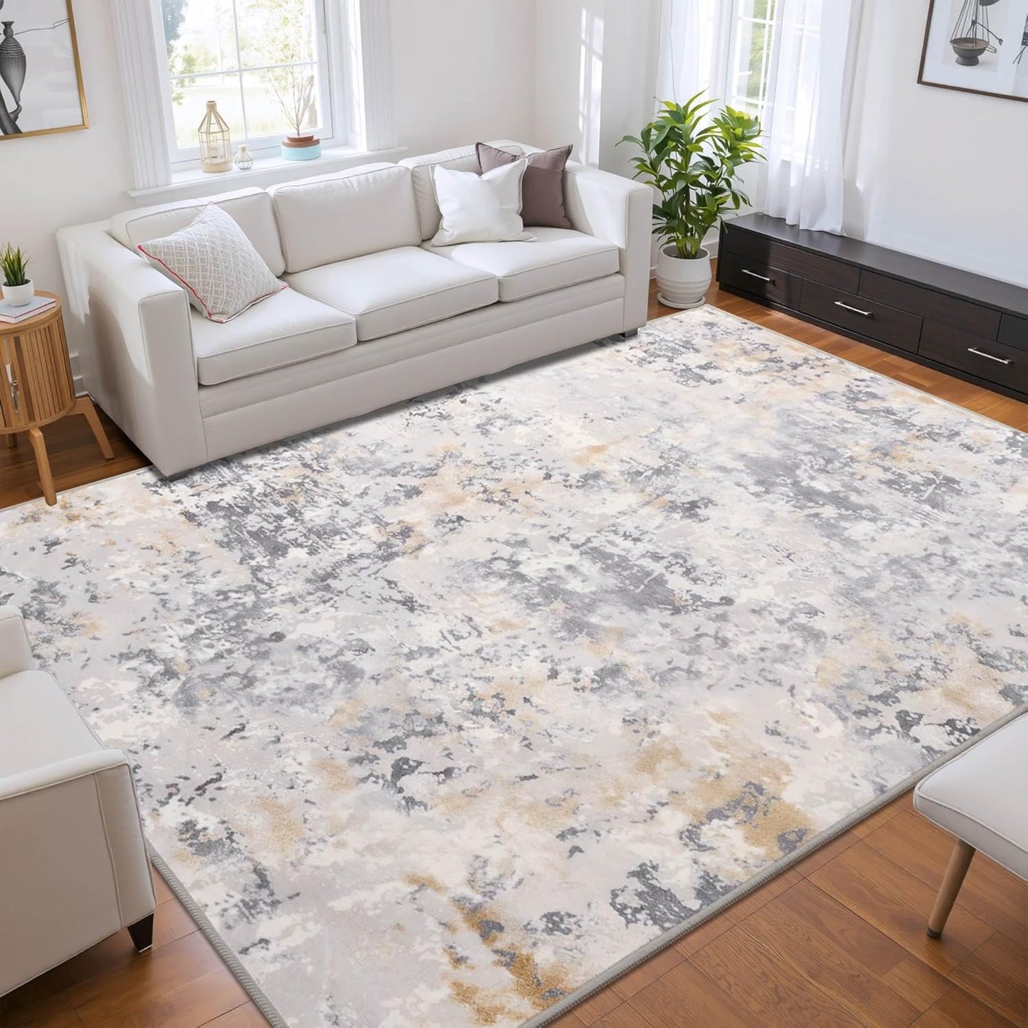 Living Room Rugs 6x9 Grey Washable Area Rug, Abstract Modern Bedroom Rugs Non Slip Stain Resistant Neutral Large Carpet for Nursery, Dining, Kids Playroom, Dining Room, Office, Gray