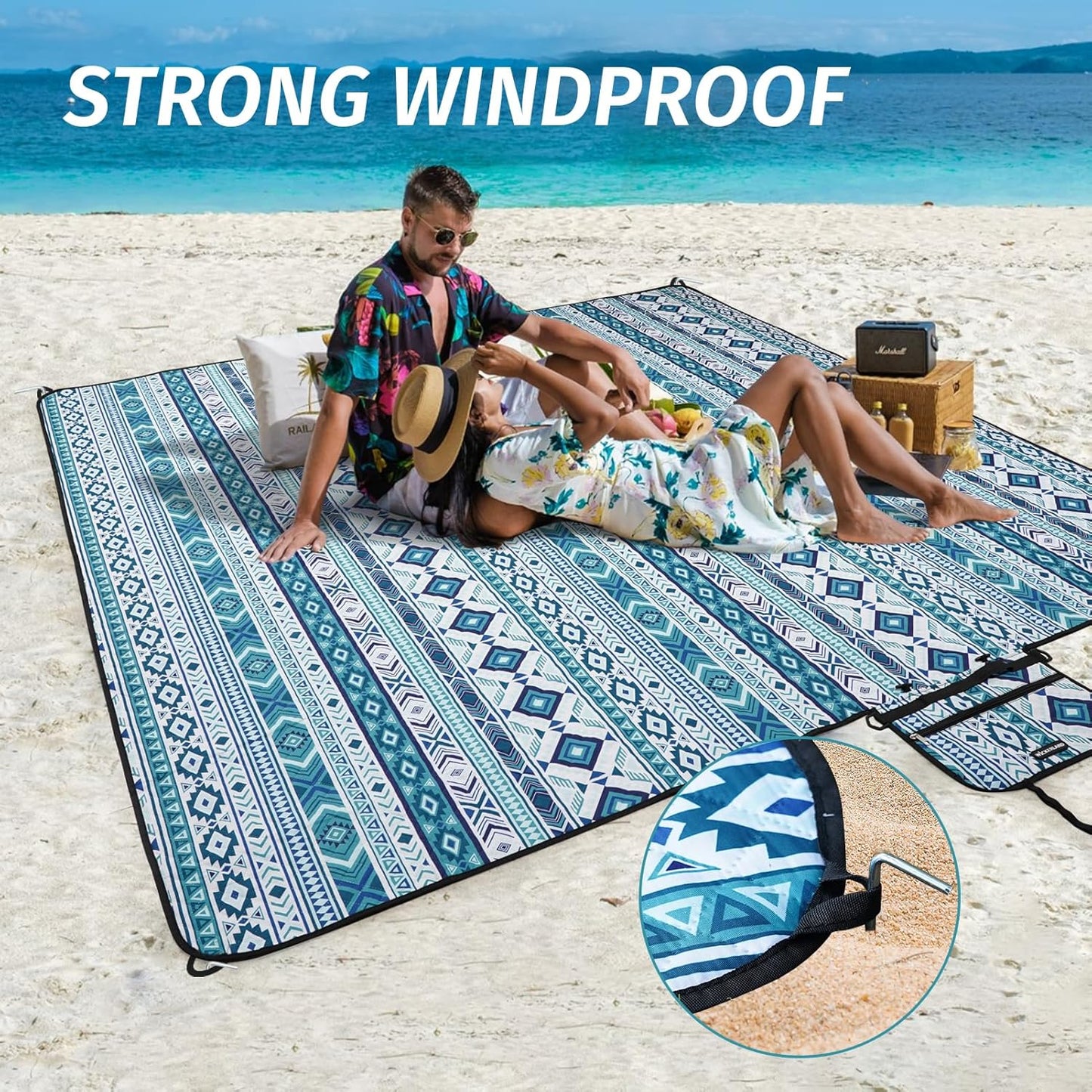 Picnic Blankets Extra Large Outdoor - Beach Blanket Waterproof Sandproof with Shoulder Strap, Machine Washable, Picnic Mat with Stakes for Grass Concert, Park, Lawn,Travel, Spring Summer. Blue