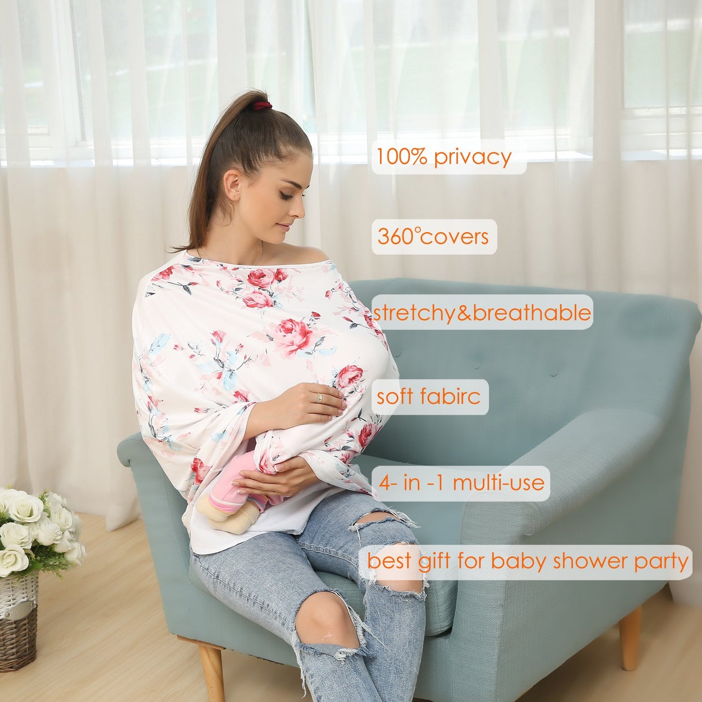 Baby Car Seat Covers - Stroller Canopy Breastfeeding Covers, Multi-use Carseat Canopy, for Boys and Girls Shower Gift (Print Flower)