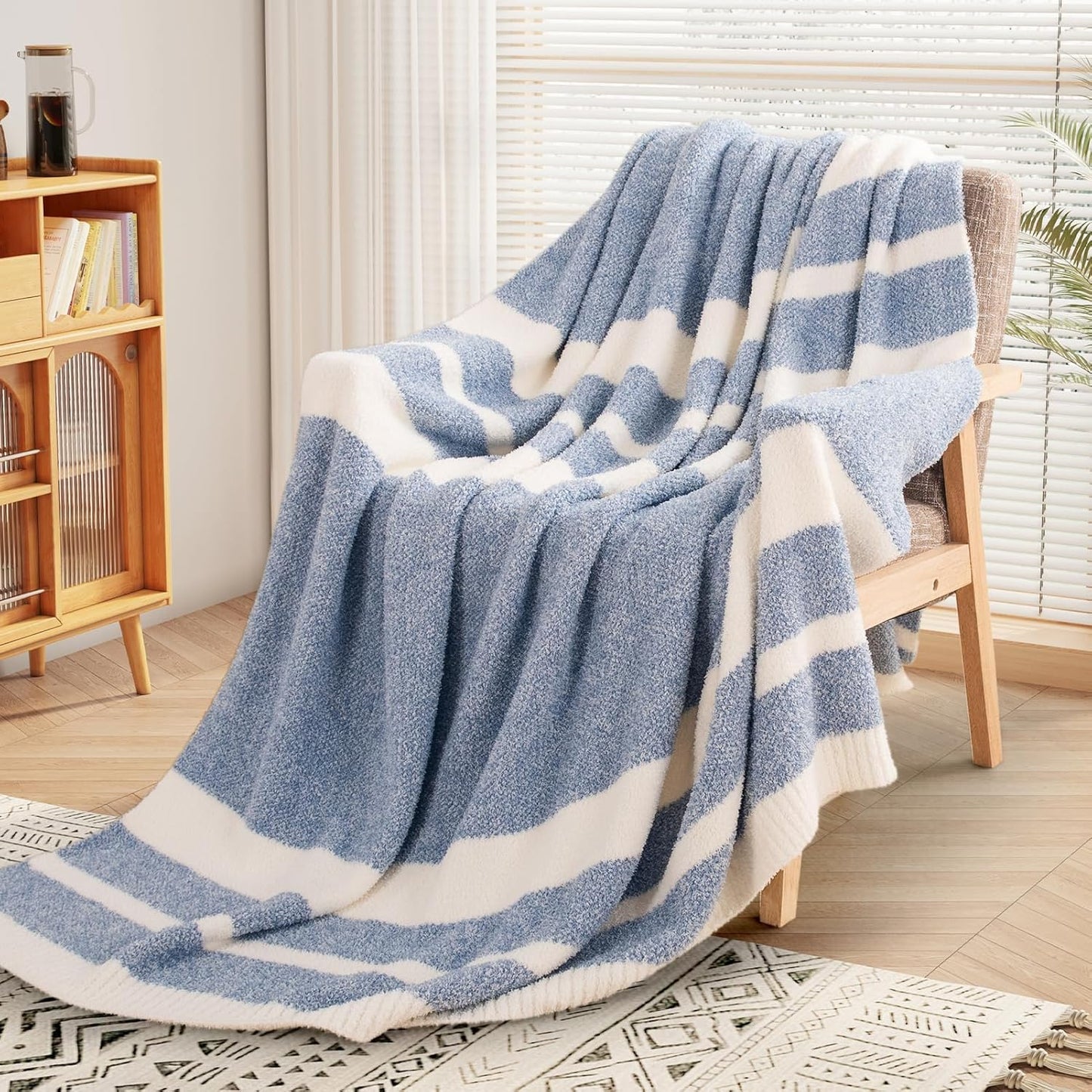 NEXHOME PRO Stripe Cozy Blanket, Knit Fuzzy Throw Blanket for Couch Bed Sofa Picnic, Ultra Soft Blankets for Women Gifts Blue 50 x 60 inches