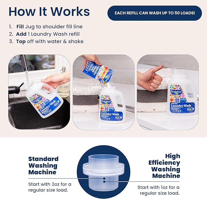 Natural Laundry Detergent for Sensitive Skin | Eco Friendly, Plant Based, Baby Clothes Safe | Clean & Easy Powder to Liquid, 1 Pack Detergent + 1 Refillable Jug | Signature Scent, 50 Loads