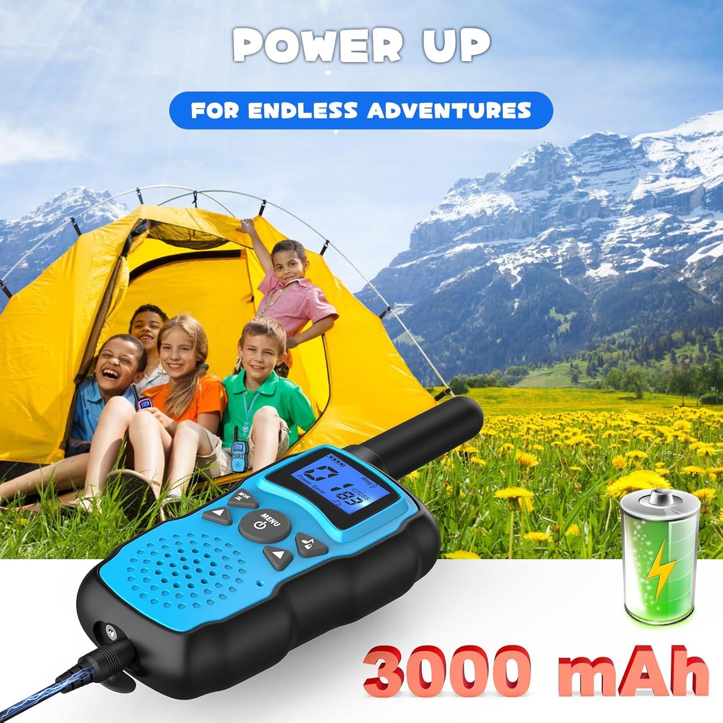 Wishouse Walkie Talkies for Kids Rechargeable with USB Charger 6000mAh Battery,Outdoor Camping Games with Flashlight Lanyard,Toys for Girls,Halloween Xmas Birthday Gift for Children 2 Pack Blue