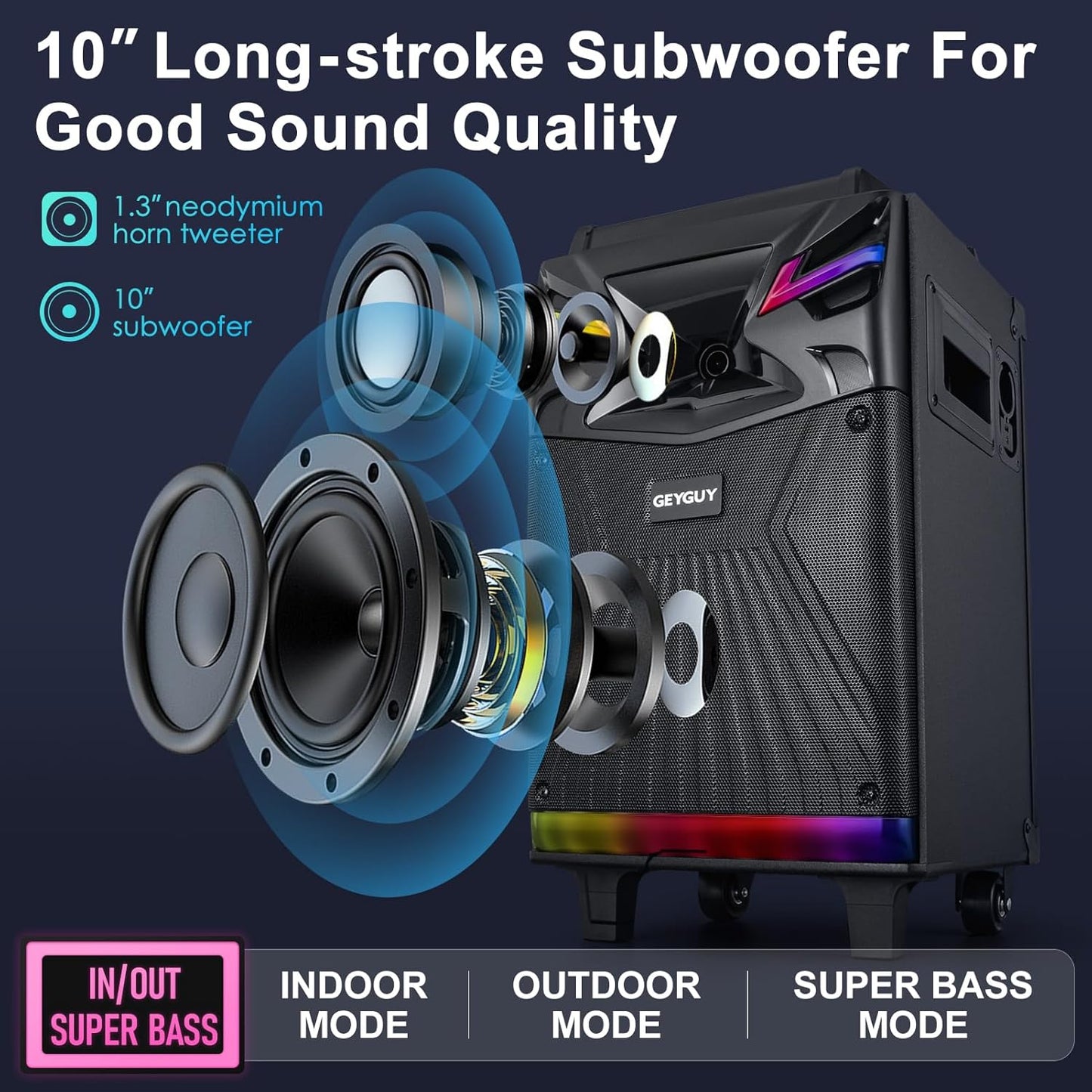 GTSK10‑1 Karaoke Machine with 2 Wireless Microphones for Adults – 10″ DSP Big Bluetooth Party Speaker with 600W Peak Power, Live Streaming & Voice Monitoring, LED Lights, Rolling Wheels & Trolley