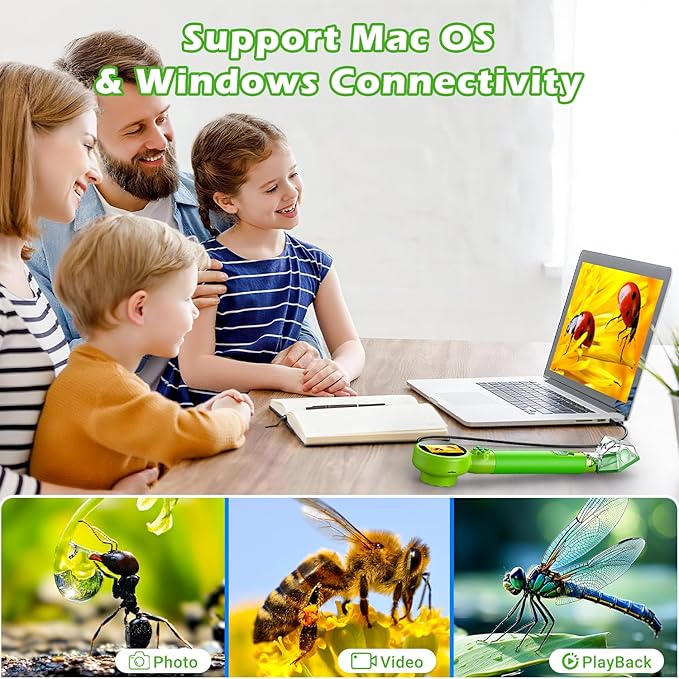 2 in 1 Kids Microscope with Bug Catcher,HD 500X Digital Microscope for Kids with 2" Screen,Photo and Video,STEM Educational Science Kit Learning Toys for Age 3-12 Girls & Boys Birthday Gifts (Green)