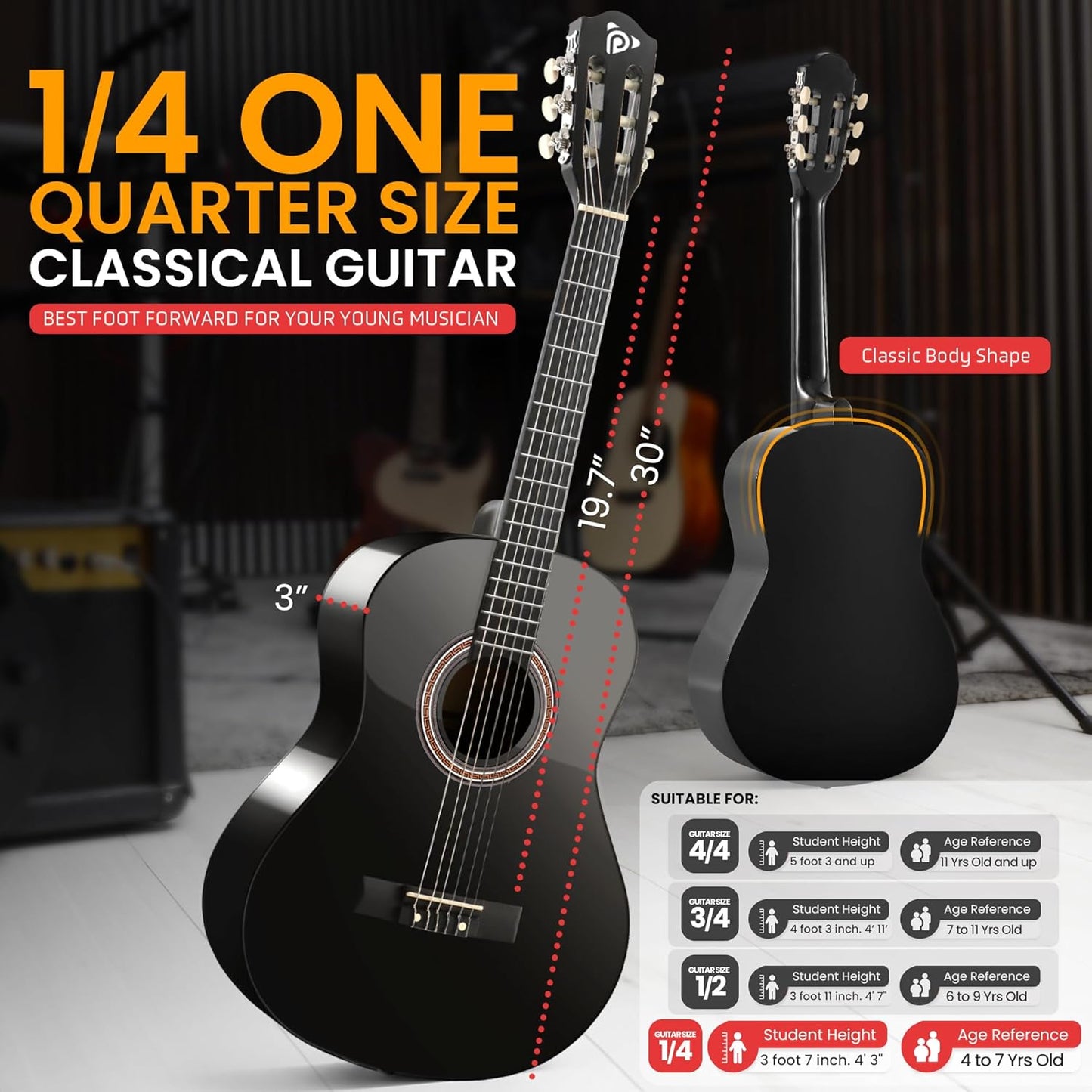 Pyle Beginner Acoustic Guitar Kit, 1/4 Junior Size All Wood Build Nylon String Instrument with Capo, Gig Bag, Strap, Extra String Set, Guitars for Beginners Adults and Youth, 30" Black Gloss