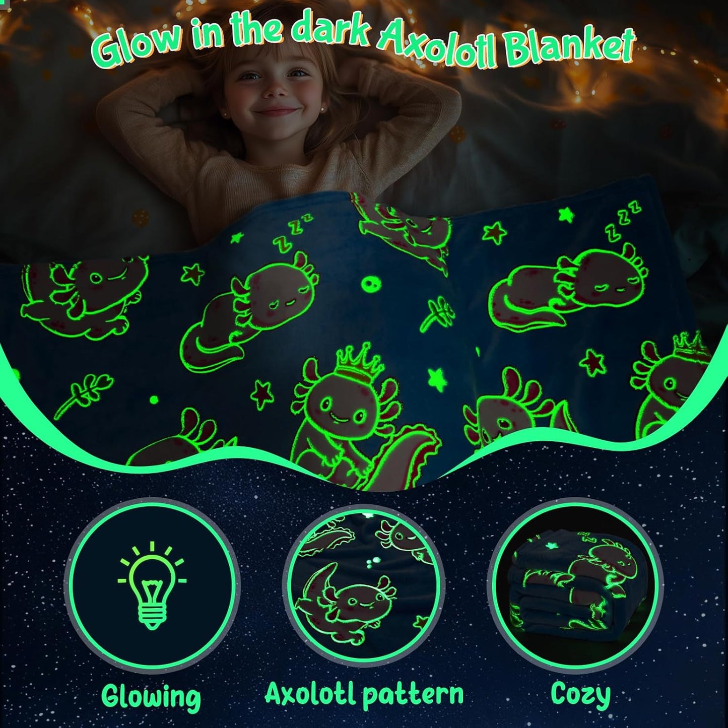 Axolotl Glow in The Dark Throw Blanket - 60"x50" Soft Glowing Kids Blanket for 3-10 Year Old Boys Girls, Gift for Birthday Christmas
