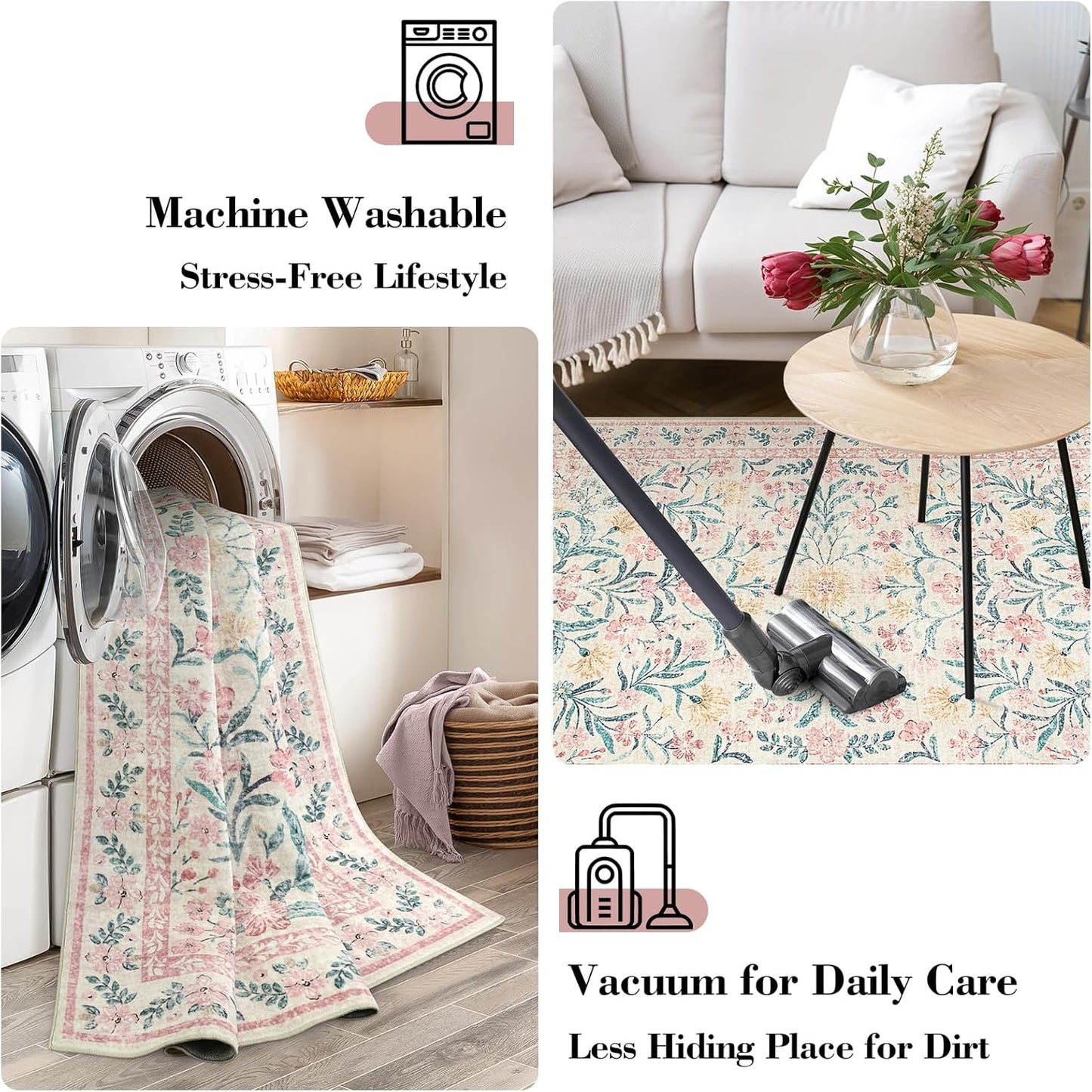 Wonnitar 8 x 10 Area Rugs for Living Room, Boho Large Washable Bedroom Rug 8x10, Soft Pink Floral Carpet Non Slip, Low Pile Indoor Carpet for Girls Room Playroom Nursery