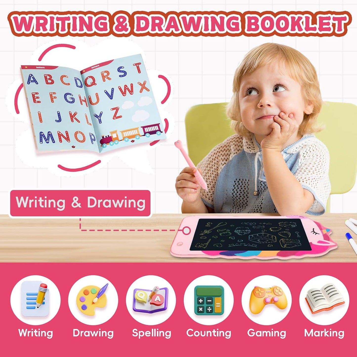 Unicorn Toys LCD Writing Tablet for Girls Kids,Colorful Toddler Drawing Tablet for Educational Baby Girl, Doodle Board Pad Toy for 3 4 5 6-12 Years Old Kid Birthday Party School, 8.5 Inch Pink