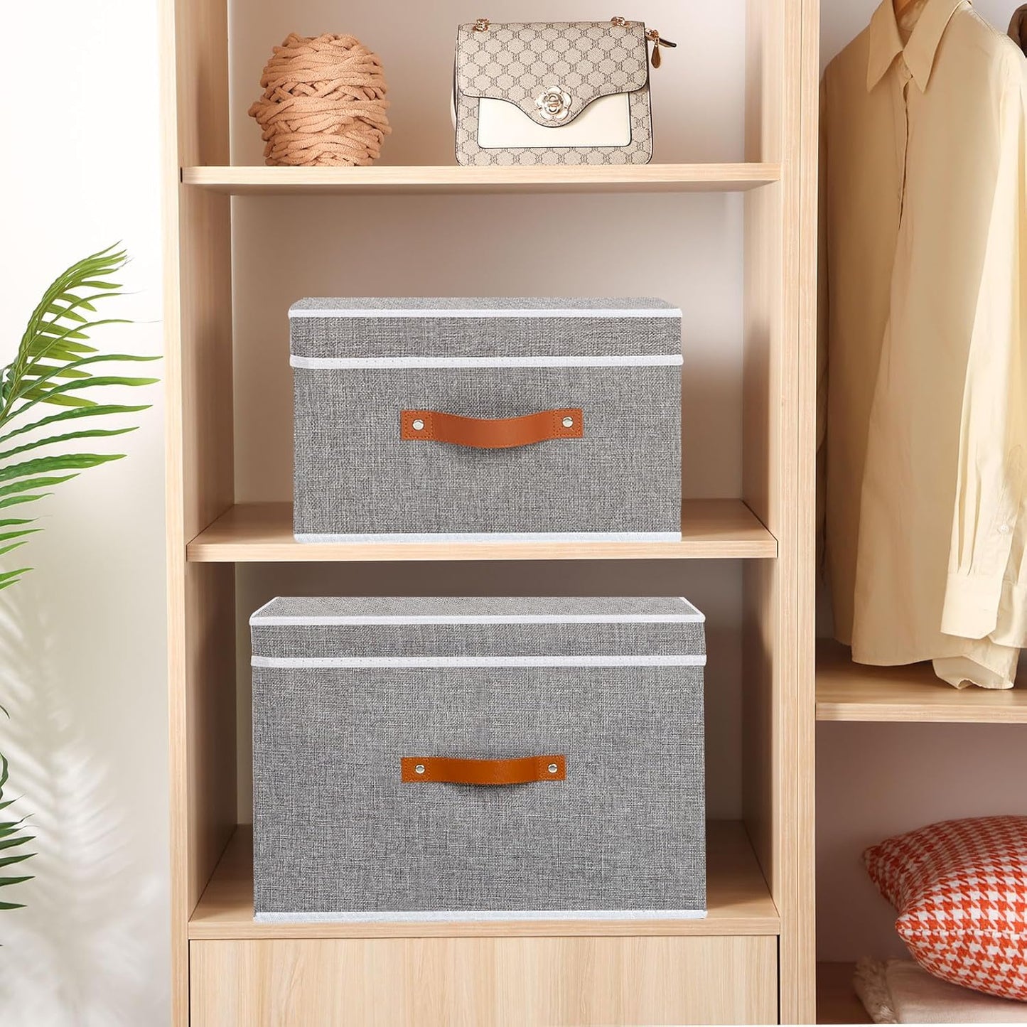 Collapsible Storage Bins with Lids, 1 Pack Linen Foldable Cloth Baskets, 15 x 9.8 x 9.8 Inch Closet Organizer Containers with Double Handles, Sweater Boxes for Bedroom, Grey