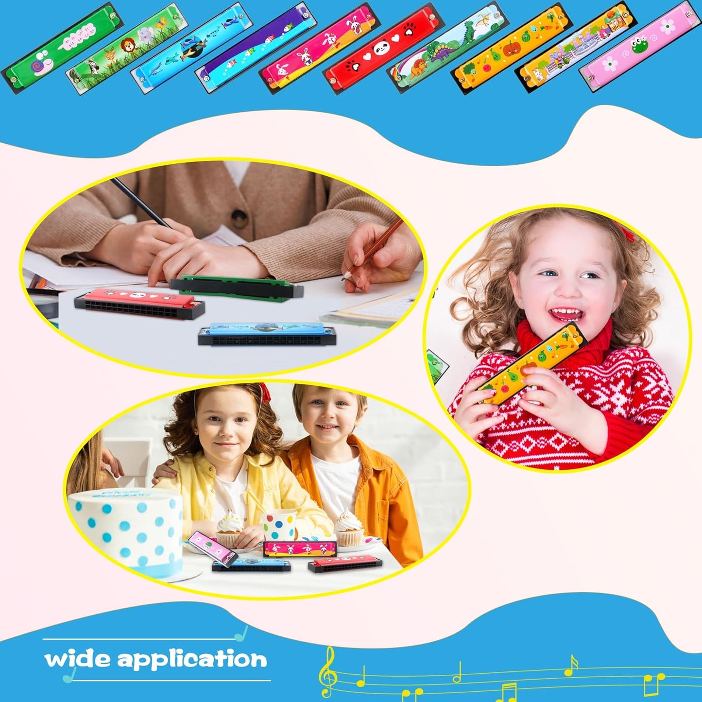 50 Pcs Cartoon Harmonica Bulk Kids Harmonica Toy 16 Holes for Beginner Children Birthday Party Favor, Random Color Pattern