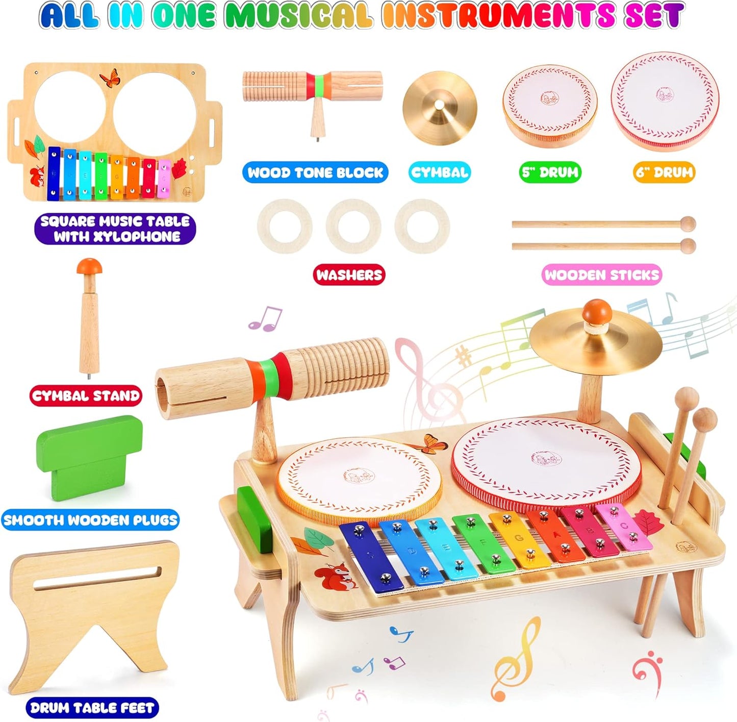 Wingyz Kids Drum Set for Toddlers Baby Music Instruments 7 in 1 Montessori Preschool Musical Toys Children Drum kit Xylophone Tambourine Birthday Gifts for Boys and Girls