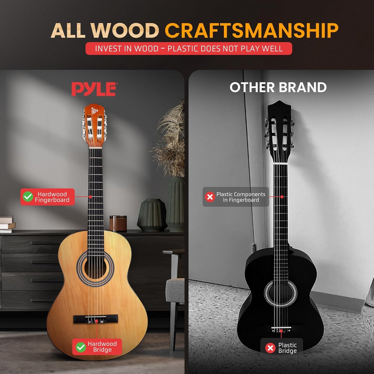 Pyle Beginner Acoustic Guitar Kit, 4/4 Full Size All Wood Build Nylon String Instrument with Capo, Strap, Extra String Set, Gig Bag, Guitars for Beginners Adults Youth, 39" Natural Gloss