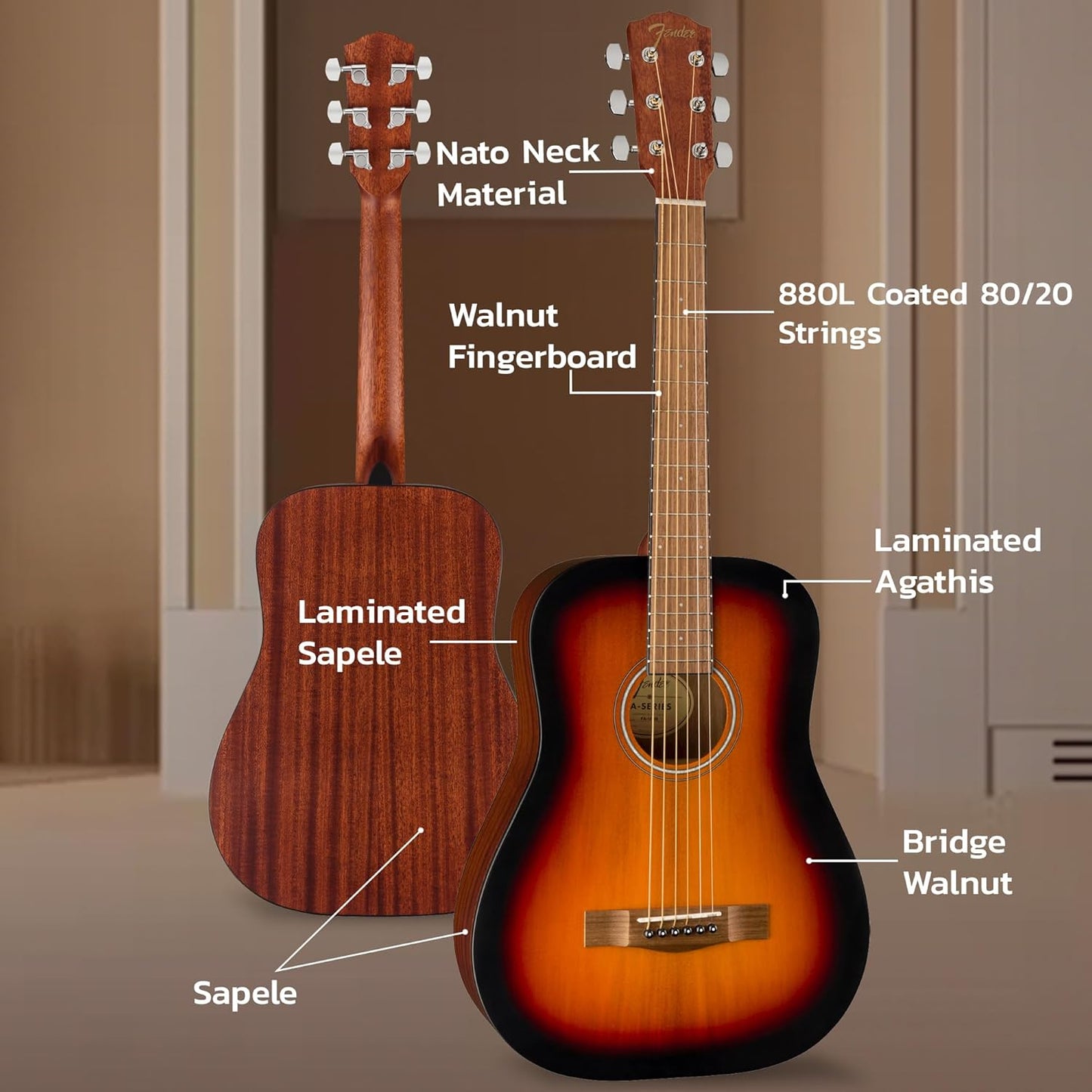 Fender FA-15 3/4-Scale Kids Steel String Acoustic Guitar - Sunburst Learn-to-Play Bundle with Gig Bag, Tuner, Strap, Picks, Fender Play Online Lessons, and Austin Bazaar Instructional DVD
