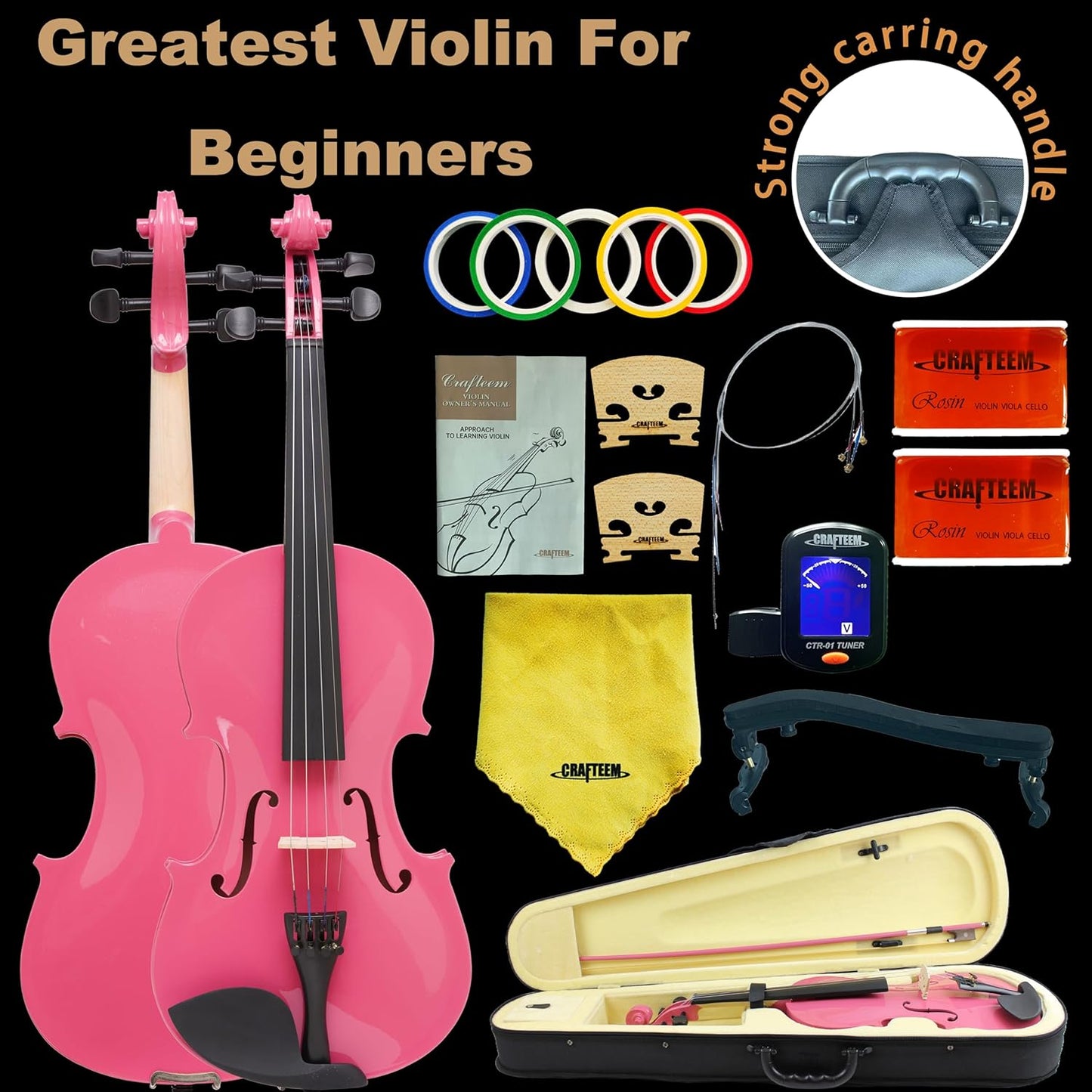 4/4 Full Size Fiddle Pink Colored Premium Violin Outfit for Beginners Adults Kids With 5 Color Fingering Tape- Handcrafted Student Beginner Violin.(Pink, 4/4 Full)