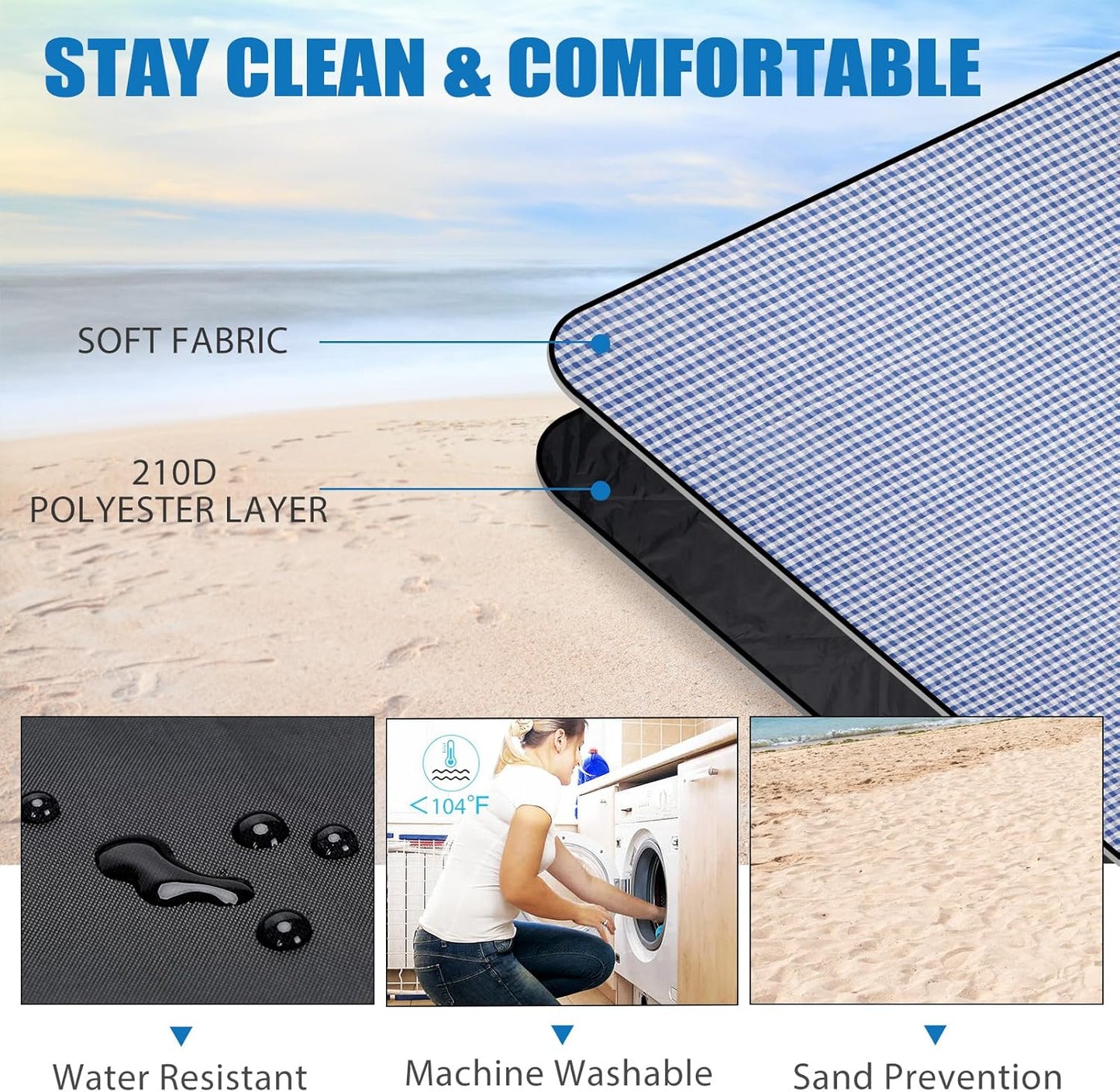 G GOOD GAIN Picnic Outdoor Blankets Waterproof Large - Beach Mat Sand Free Foldable with Carry Strap | Portable Camping Blanket | Park Blanket for Grass Park, Hiking, Travel, Concerts, Indoor (Blue)
