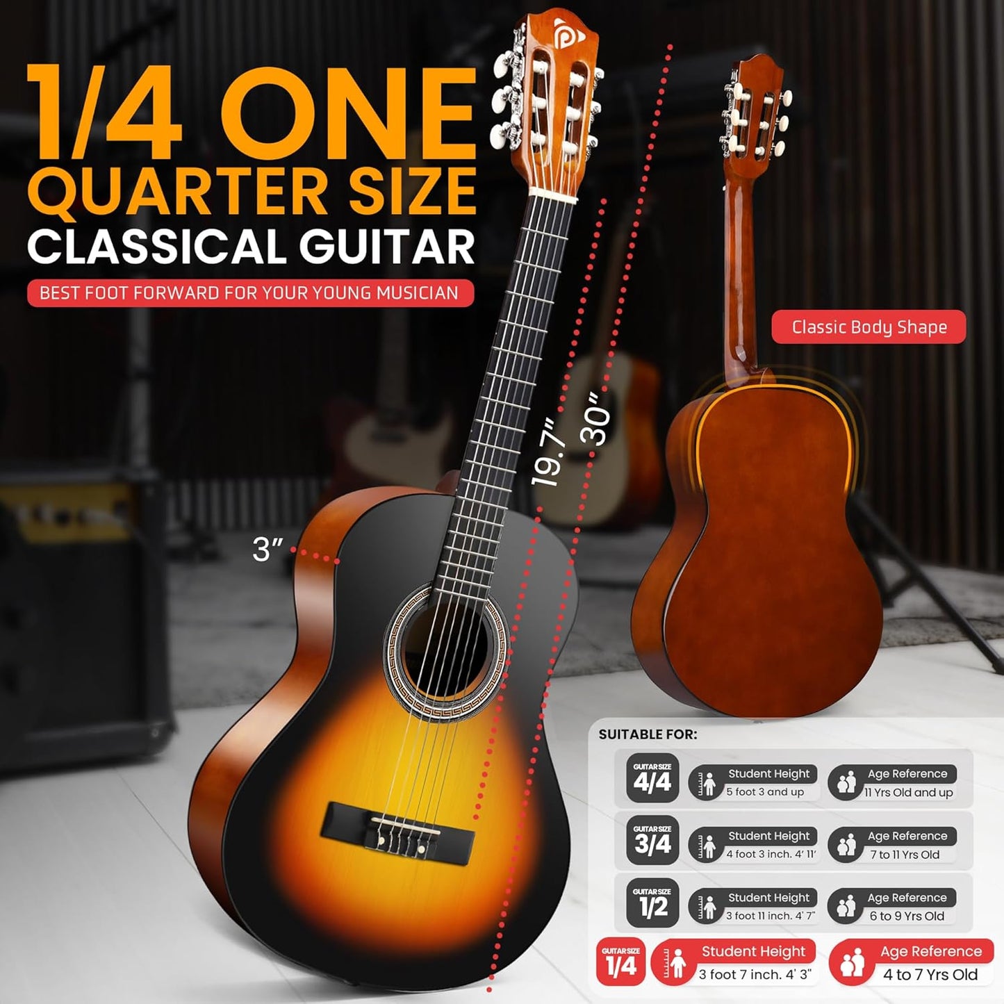 Pyle Beginner Acoustic Guitar Kit, 1/4 Junior Size All Wood Instrument for Kids, Adults, 30" Sunburst Teardrop Matte