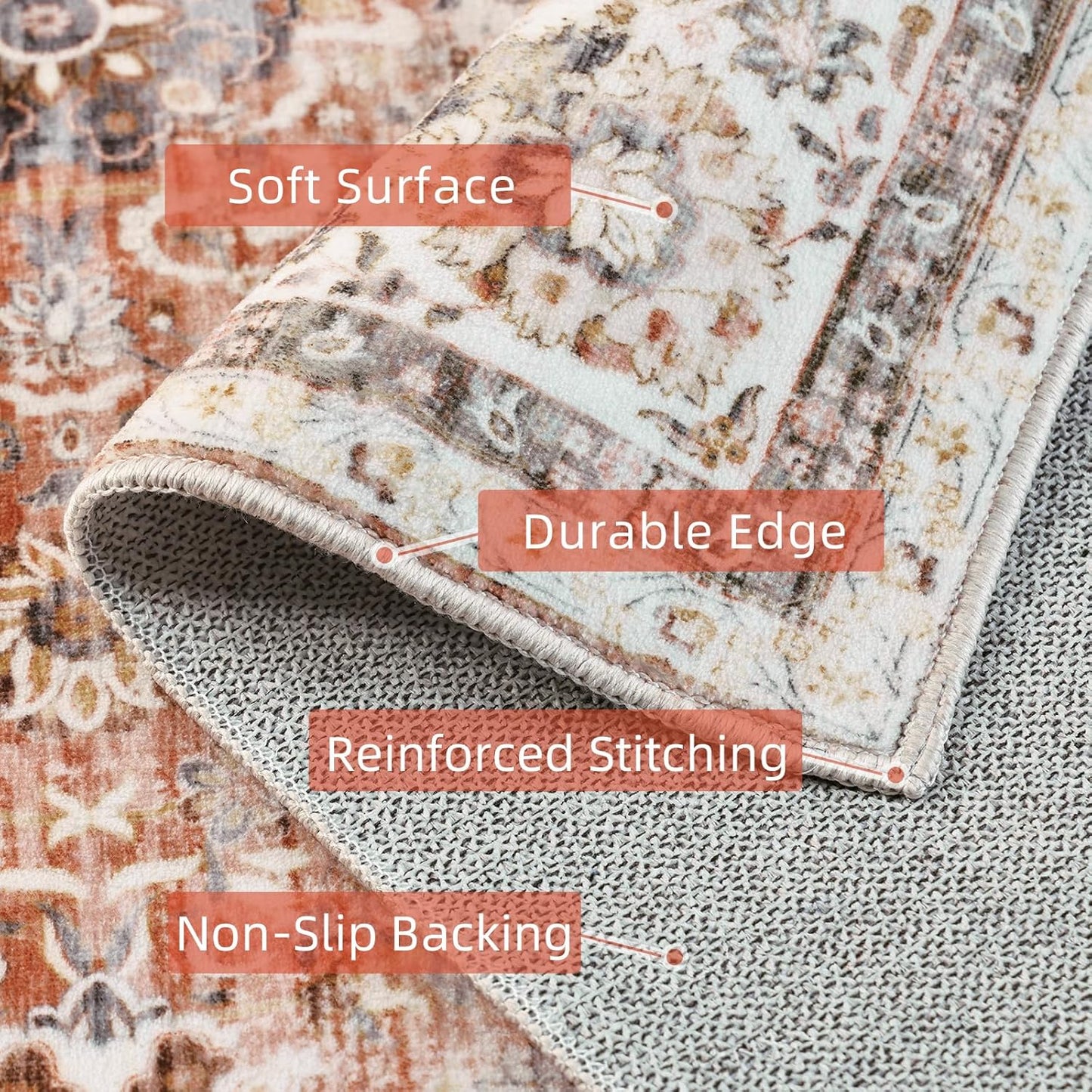 Vintage Runner Rug - 3x7 Distressed Brick Red, Non-Slip Kitchen & Bedroom Runner with Rubber Backing