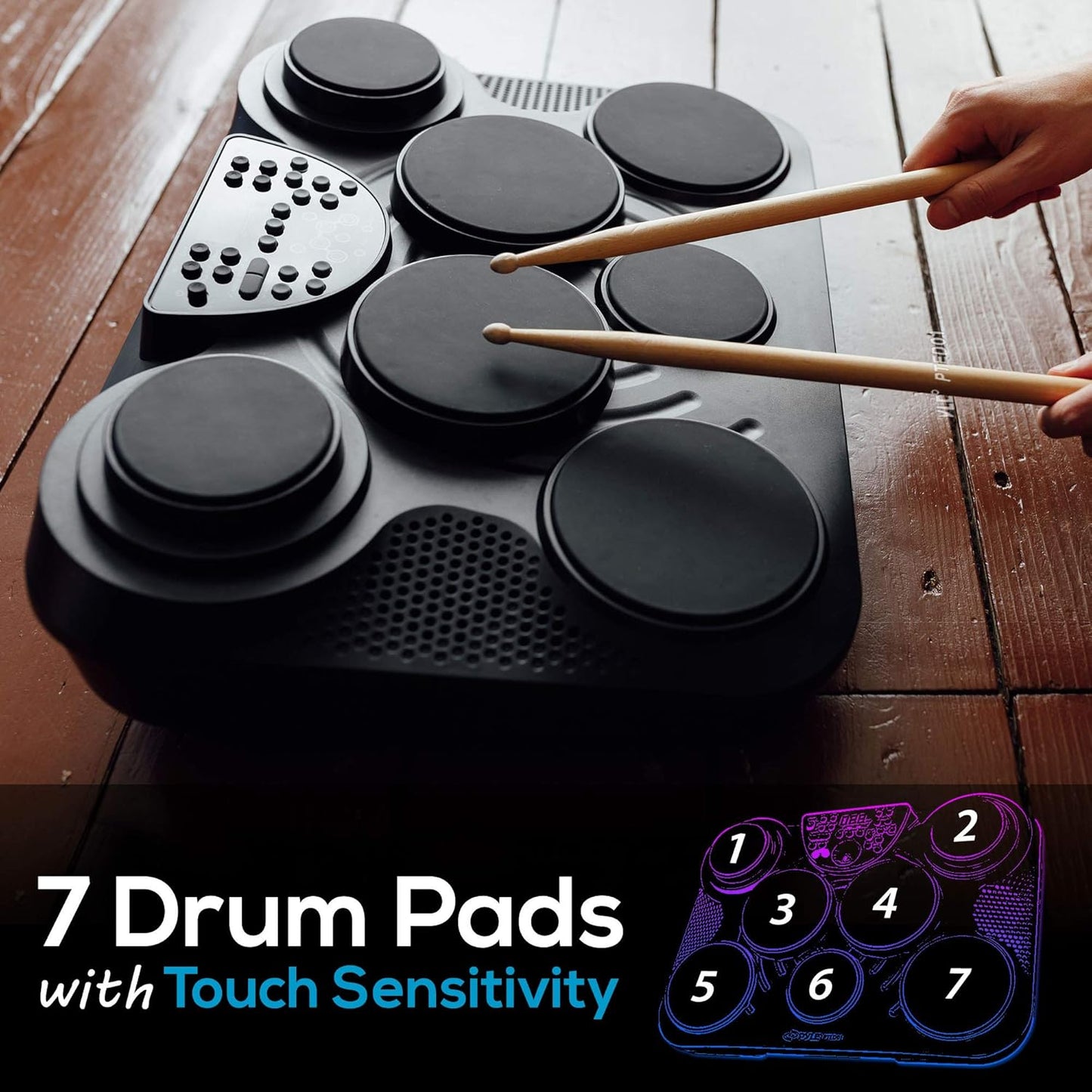 Pyle Electronic Tabletop Digital Drum Set, Compact Portable Drum Pad Kit w/ 8 Touch Sensitive Pads and Pedals, 600 Sounds, USB & Headphone Outputs, MIDI/AUX Inputs, 4x5” Drums & 4x3.5” Cymbals