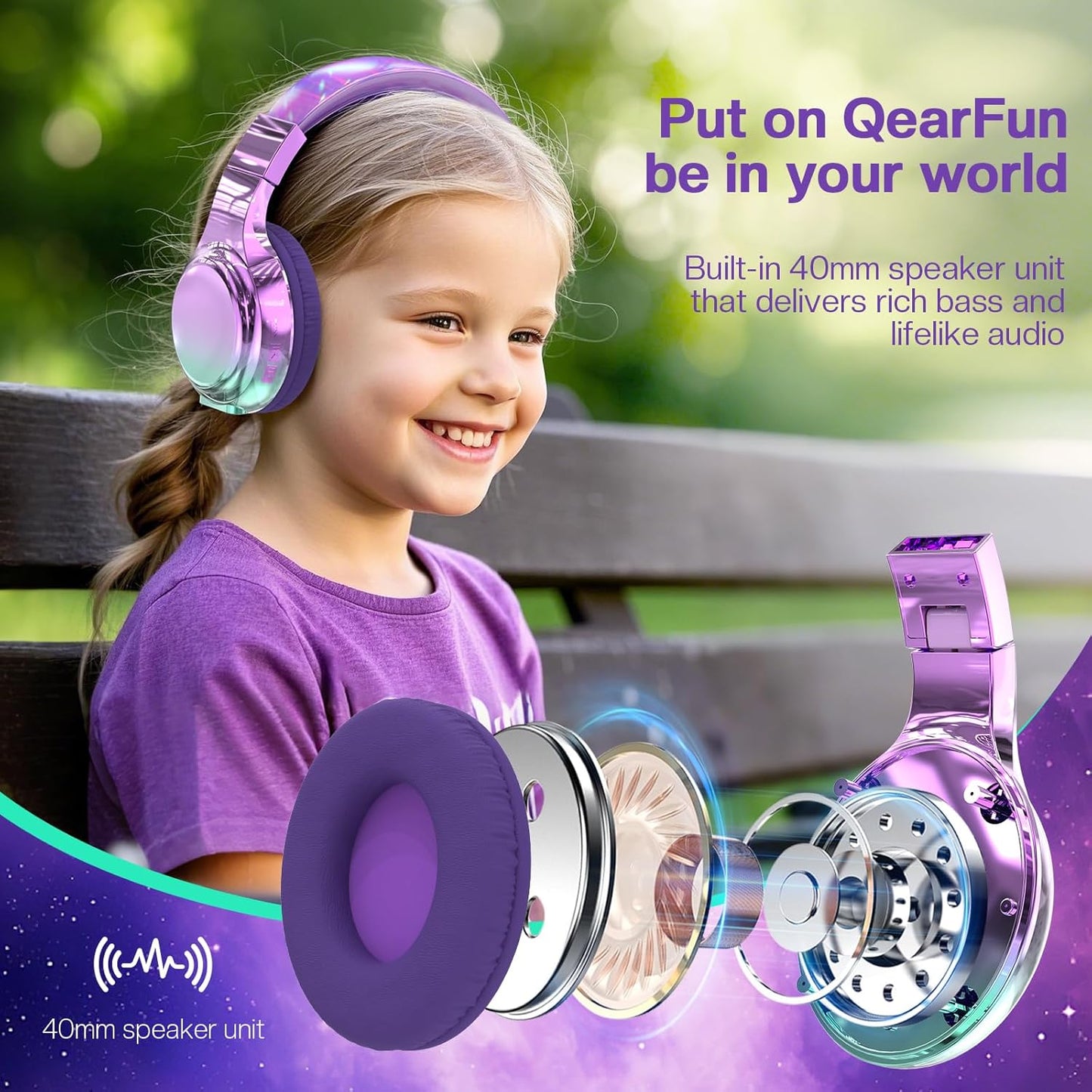 QearFun Kids Bluetooth 5.3 Headphones, Wireless Metallic Gradient Headset, Lightweight Foldable On Ear Headphones with Aux Cord, Fast Charging, Built-in Mic, for School/Travel/Tablet/iPad