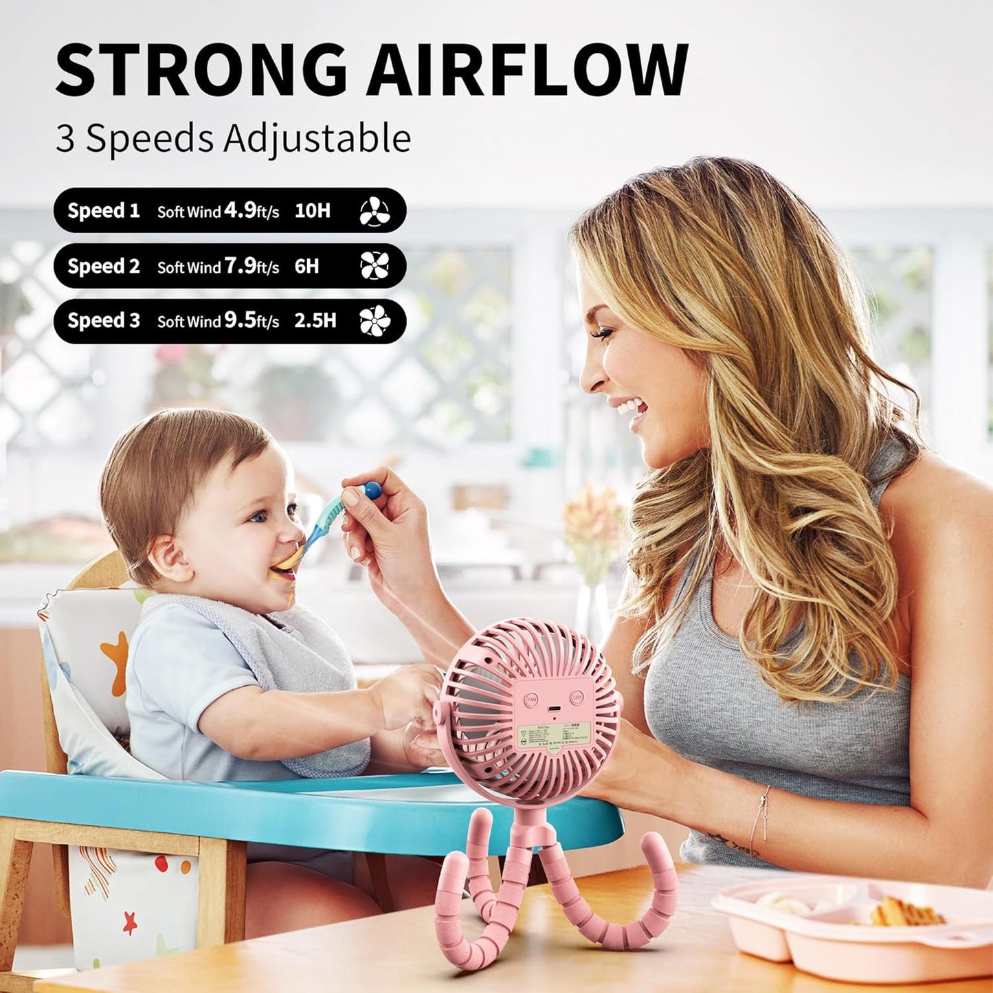 AMACOOL Battery Operated Stroller Fan Flexible Tripod Clip On Fan with 3 Speeds and Rotatable Handheld Personal Fans for Car Seat Crib Bike Treadmill (Pink)