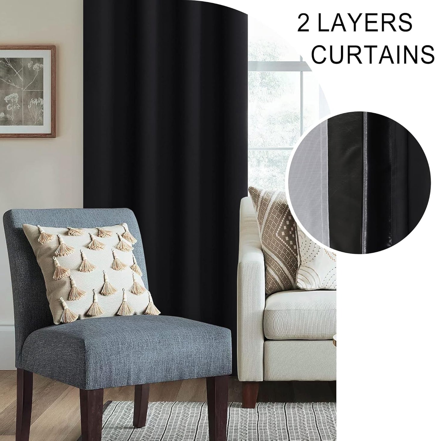 XWZO 100% Blackout Curtains 84 Inches Long with Tiebacks- Privacy Protection, Energy Efficiency Window Draperies Rod Pocket with Black Liner for Bedroom/Living Room, Black, W42 x L84, Set of 2