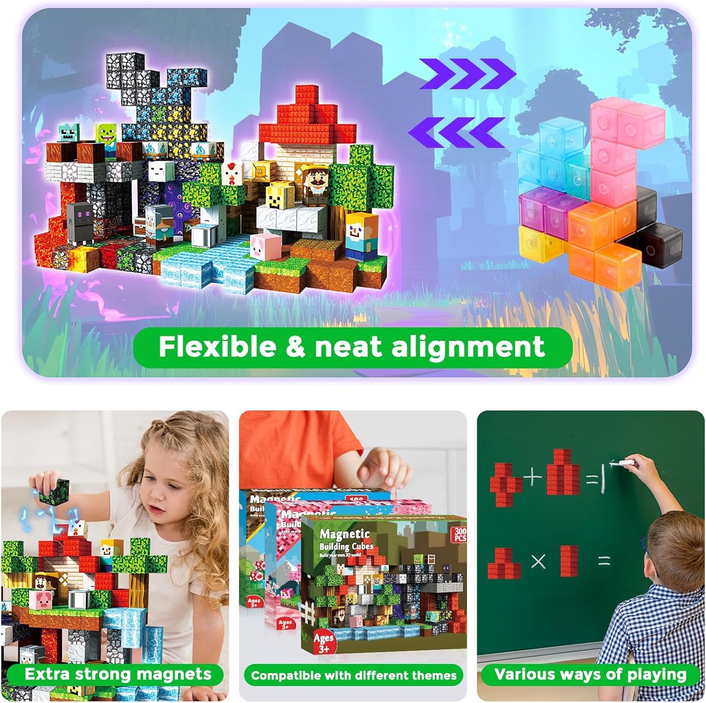 300 PCS 0.8in Magnetic Blocks - Magnet Toys for Kids, Magnetic Building Blocks Cubes, Stacking Magnets, School STEM Toys Birthday Gifts for Boys and Girls Age 3+ Years Old (Theme: Portal)