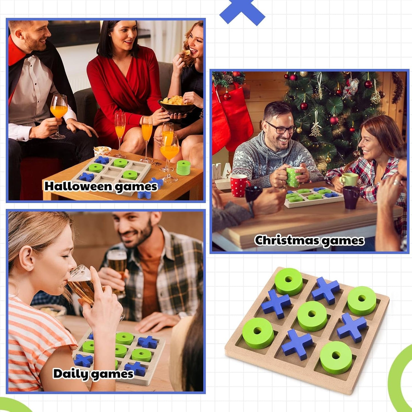 Wooden Tic Tac Toe Game Tic Tac Toe Board Game 7 Inch Wood Board Table Top Living Room Decor Fun Family for Family Night Indoor Outdoor Party Adults Classic Travel(Blue Green)