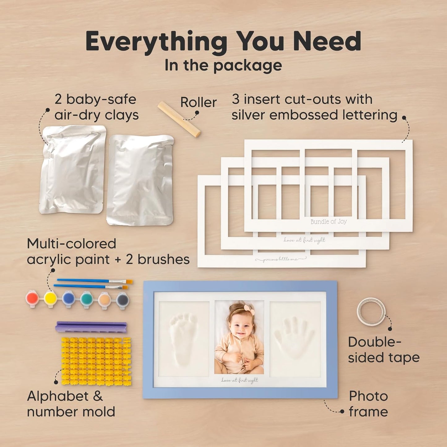 Baby Hand and Footprint Kit - Clay Handprint Keepsake Frame, Newborn Nursery Picture Frame, Personalized New Mom Gifts for Baby Shower & Registry (Cornflower)