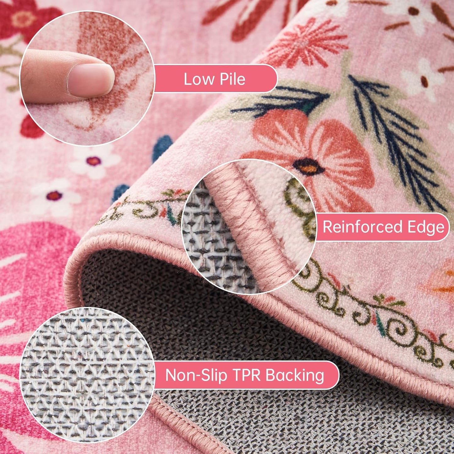 Nursery Rug 8x10 Pink Floral Rugs Boho Washable Retro Aesthetic Low Pile Non Slip Stain Resistant Large Area Rug for Girls Bedroom Living Room Dining Room Kids Playroom College Dorm Carpet