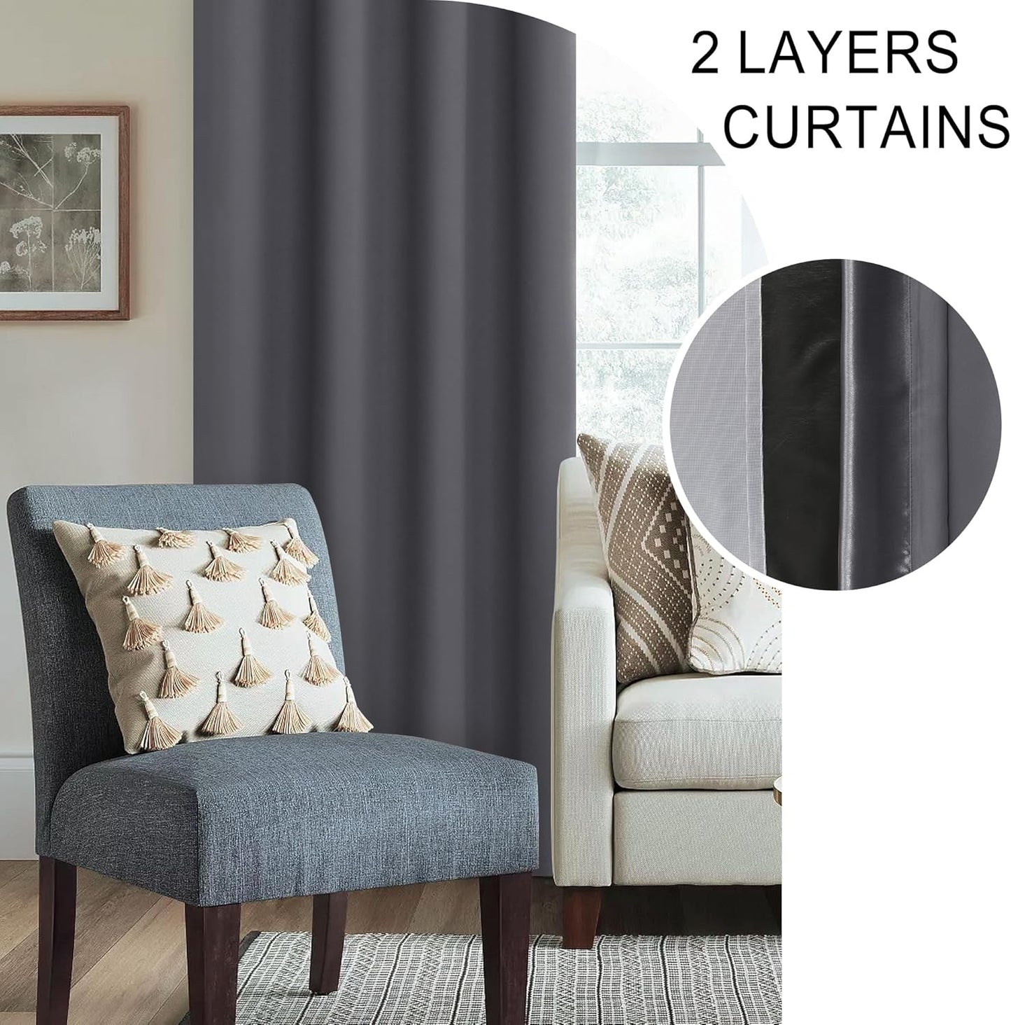 XWZO 100% Blackout Curtains 84 Inches Long with Tiebacks- Heat and Full Light Blocking, Thermal Insulated Window Panels for Bedroom/Nursery, Rod Pocket, Dark Grey, W52 x L84, Set of 2 Draperies