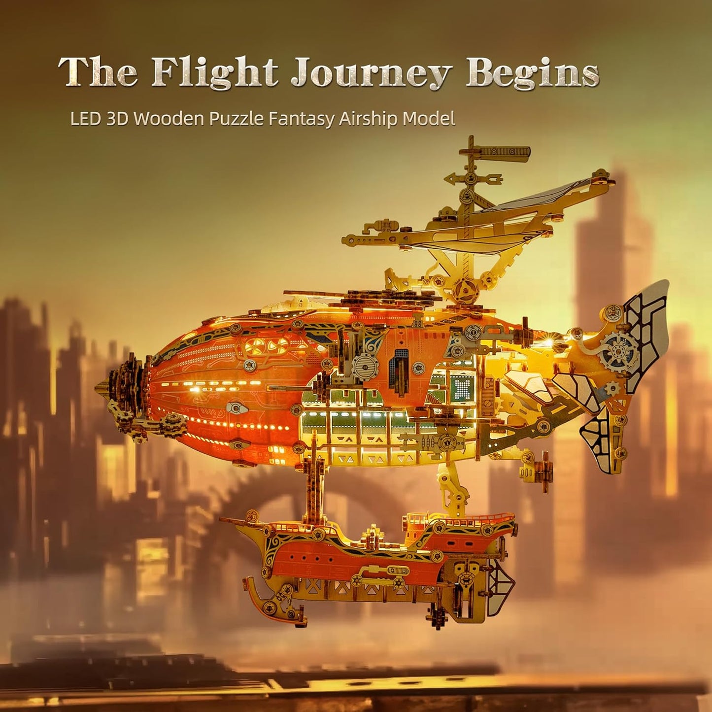 LED 3D Wood Puzzle Fantasy Airship Model - Steampunk DIY Craft Kit with LED Lights – Intricate Wooden Airship Model Building Set for Teens and Adults(Orange)