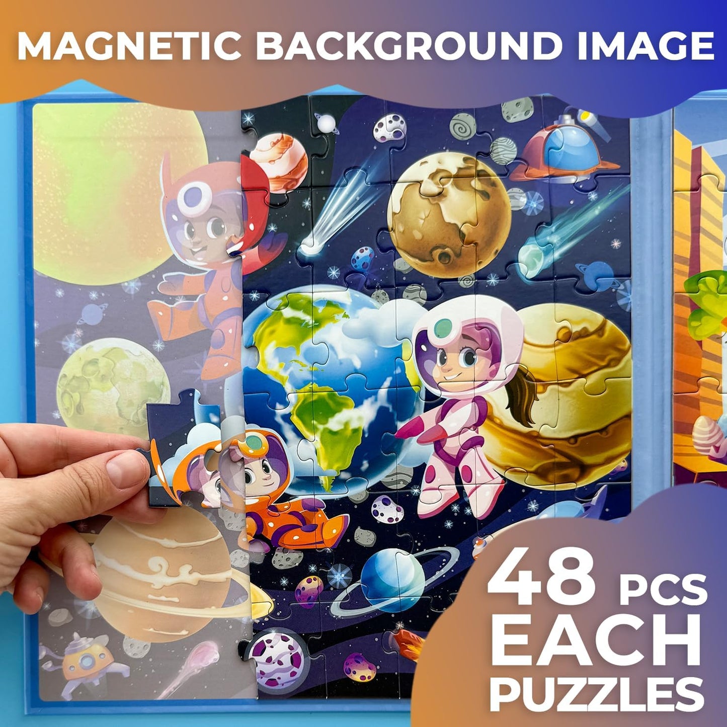QUOKKA Magnetic Puzzles for Toddlers 4-6 - 2x48 Travel Puzzle Games for Kids Ages 3-5 Years Old - Dinosaur Car Activities Toy for Boys and Girls 2-4 yo - Space Learning Magnet for Road Trip